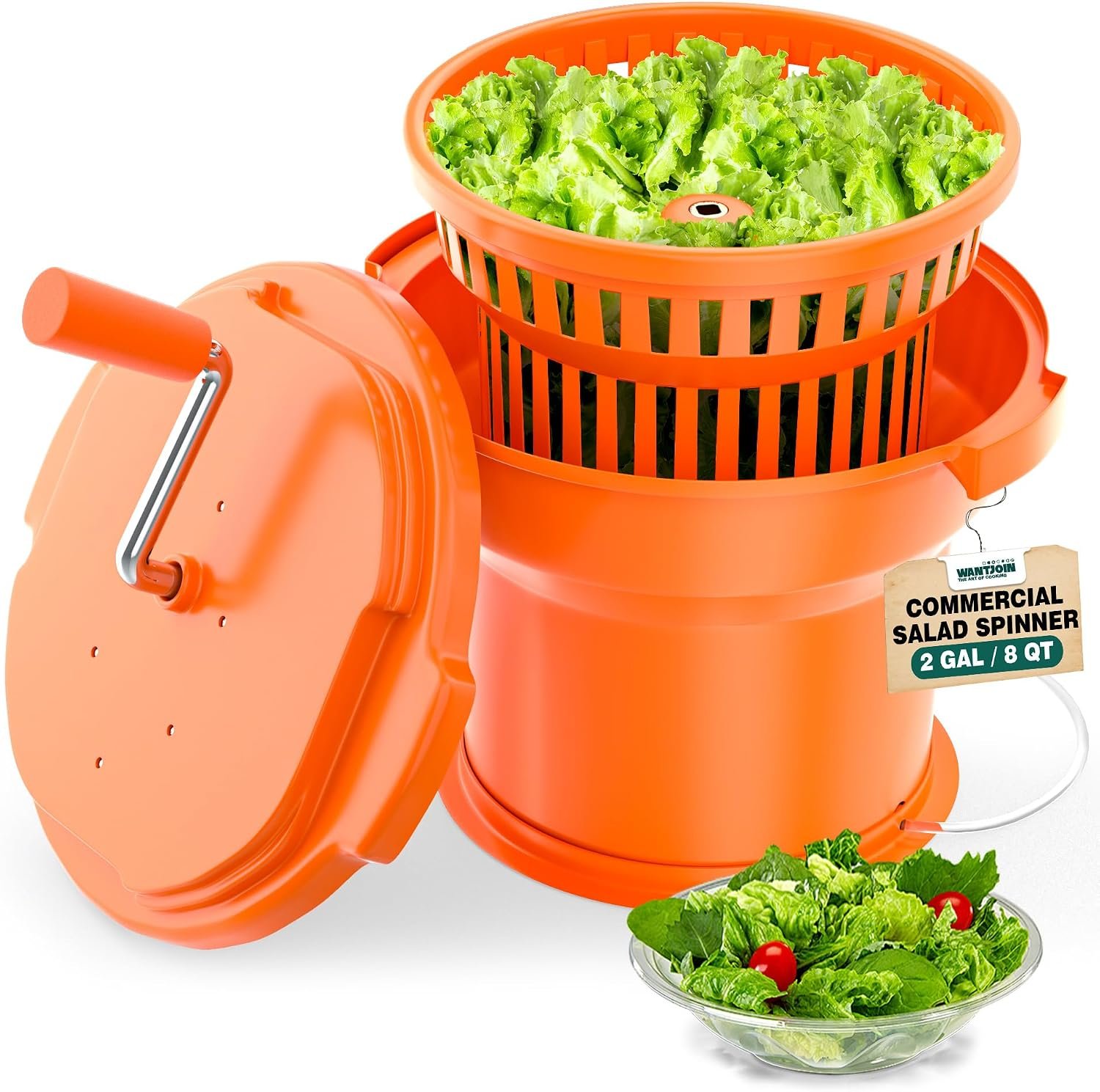 WantJoin Commercial Salad Spinner – [2 Gallon Salad Dryer] w/Silicone [Anti-slip Mat] & [Draining Hose], 10Qt Manual Salad Spinner for 3 Heads of Lettuce Spinner Large for Catering, Orange