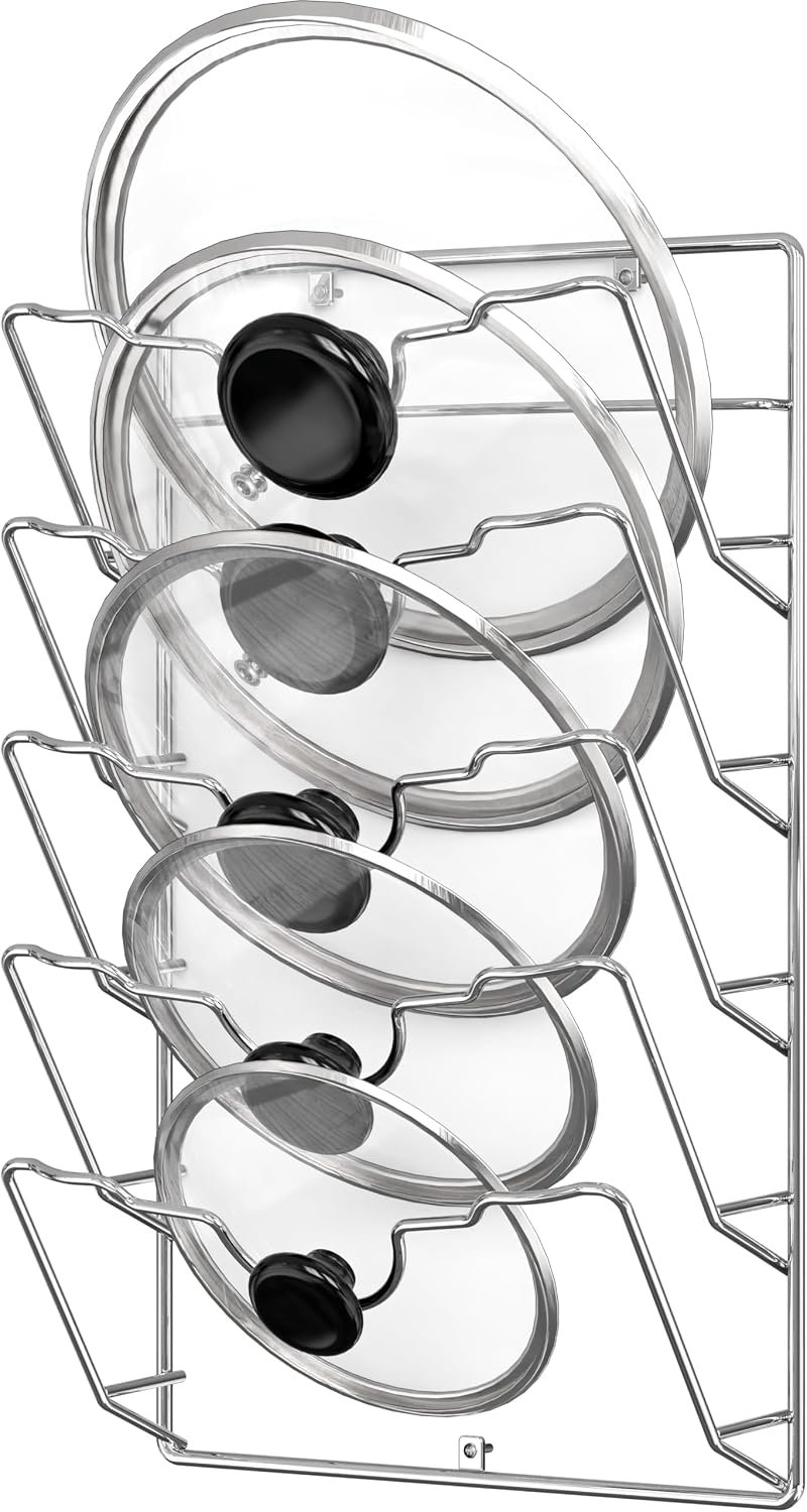Simple Houseware Wall Door Mounted Pot Lid Rack Organizer, Chrome Finish | 9.5″ W x 4.5″ D x 17.2″ H Shelf