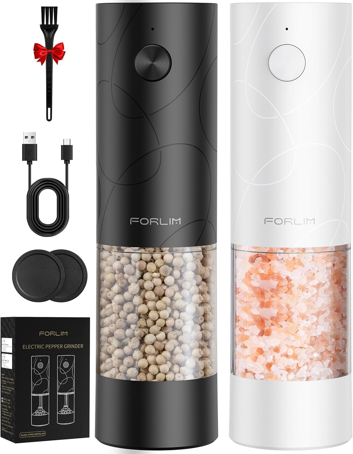 FORLIM Electric Salt & Pepper Grinder Set, Rechargeable 2 Pack, Black White | One-Hand Control for Home Cooks, BBQ, Meal Prep and Dining; 3.38 oz Removable Clear Cups, White LED, 7 Settings, Ceramic Core