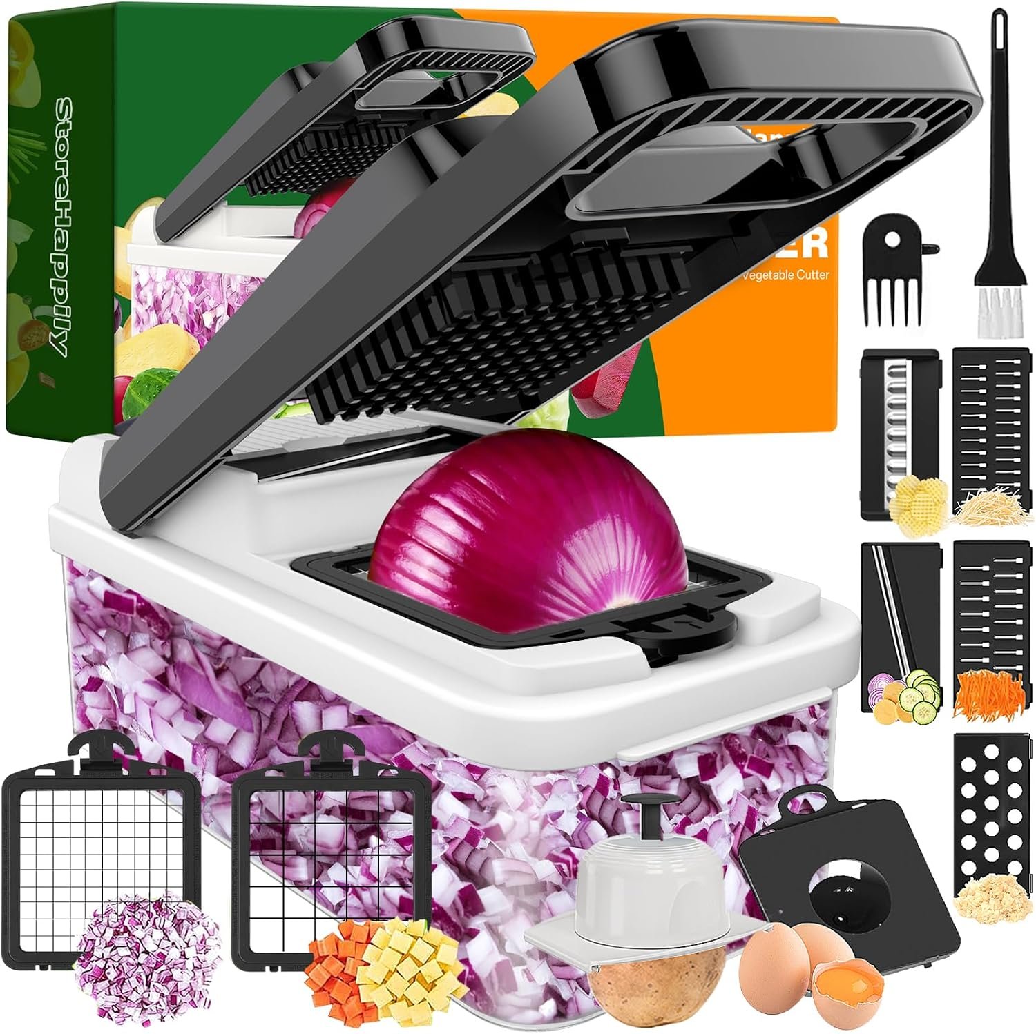 12-in-1 Vegetable Chopper 7 Blades, Veggie Cutter with Handle, Black/White | Stainless Steel Blades, Food Container and Lid, Dicer, Slicer, Julienne, Egg Separator, Non-slip Base, Include Cleaning Tools