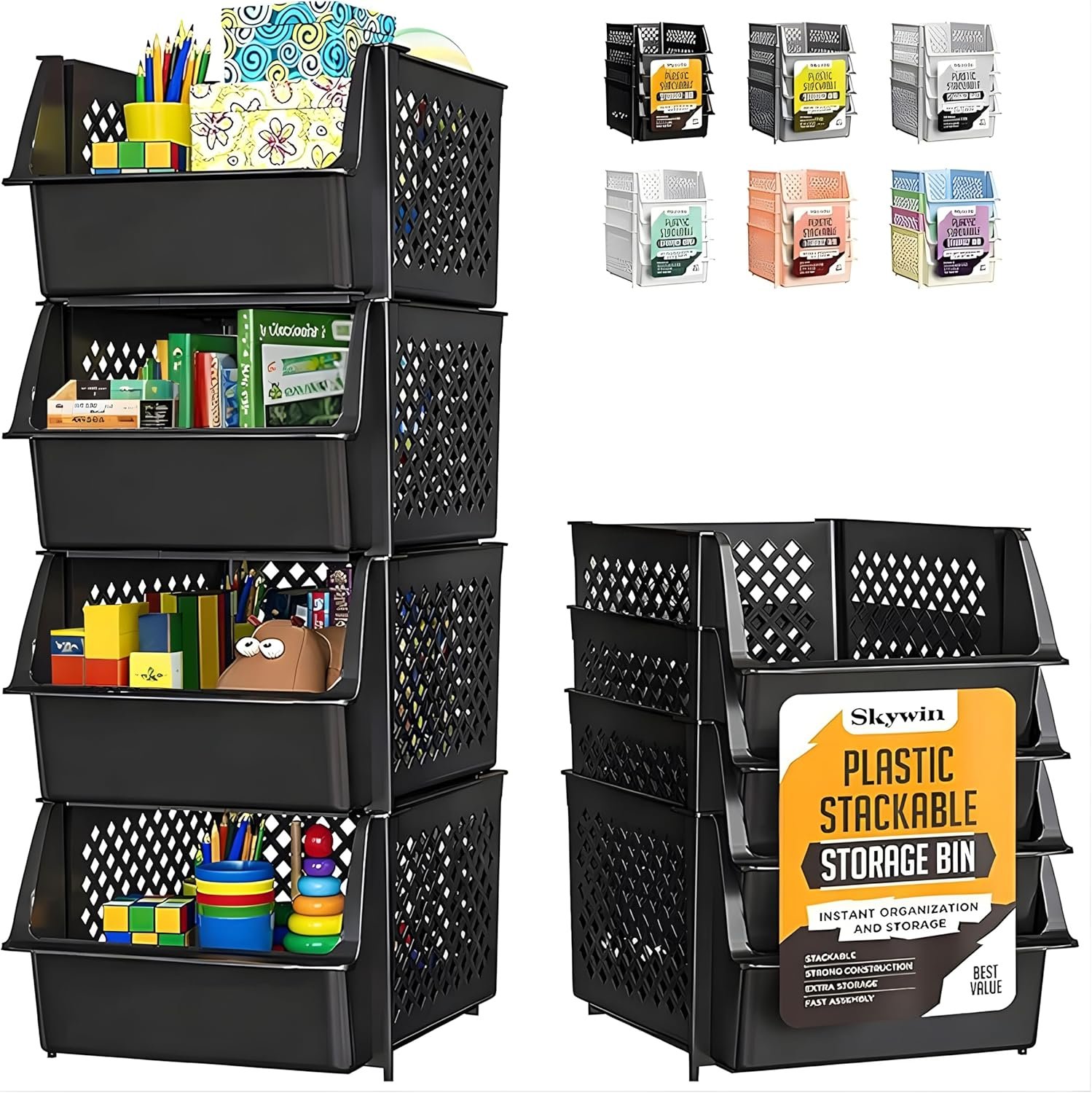 Skywin Stackable Storage Bins Open Front for Pantry Storage, 4 Pack – Black | Sturdy Plastic, Easy Stacking, Open Front Access, Ventilated Sides, Vertical & Space Saving Pantry Organizers and Storage Bin