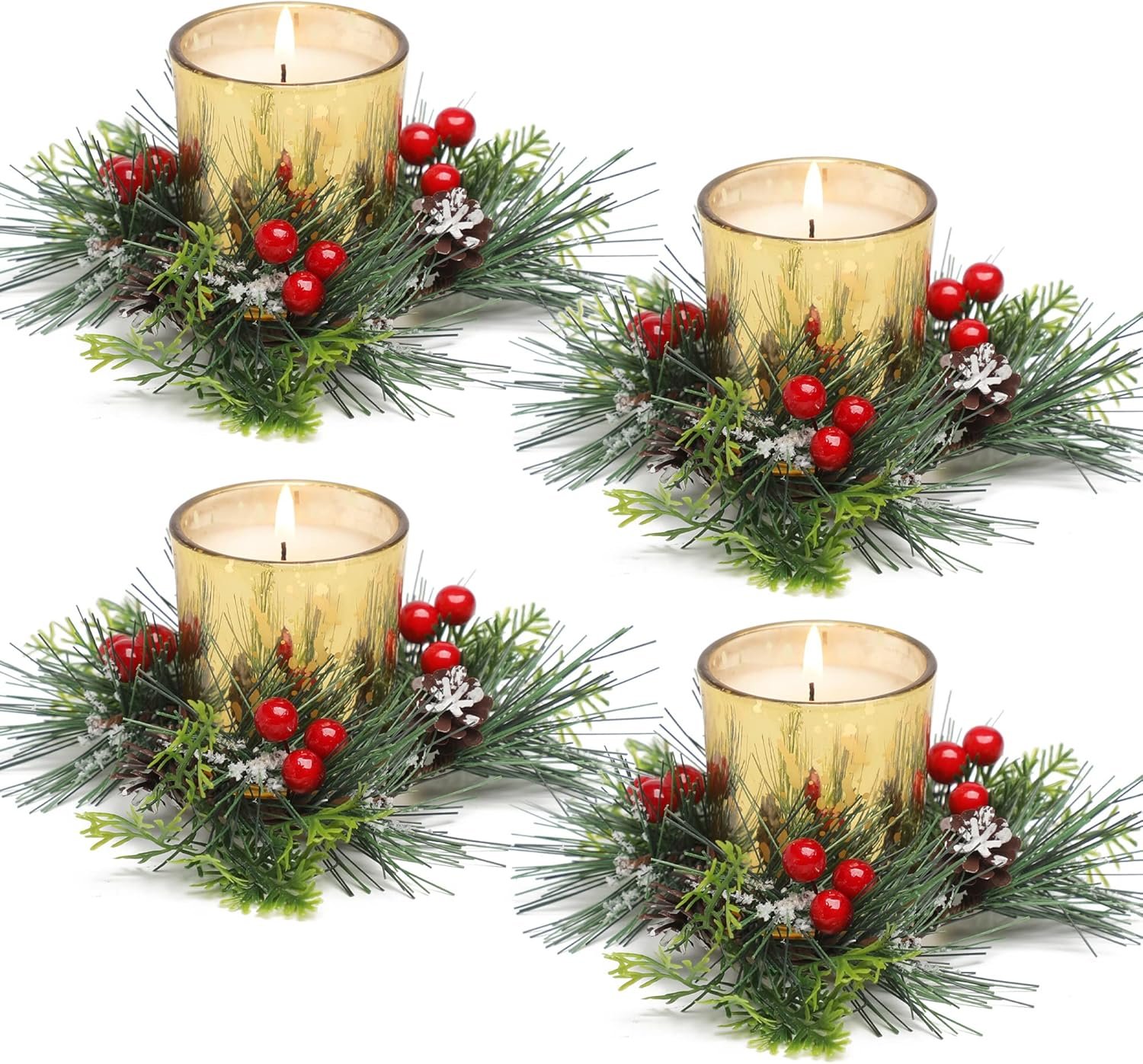 Christmas Candle Ring, 4 Pcs Votive Candle with Red Berry Pinecone, Xmas Ring Candle for Table Centerpiece Decoration Wedding Holiday,Gold