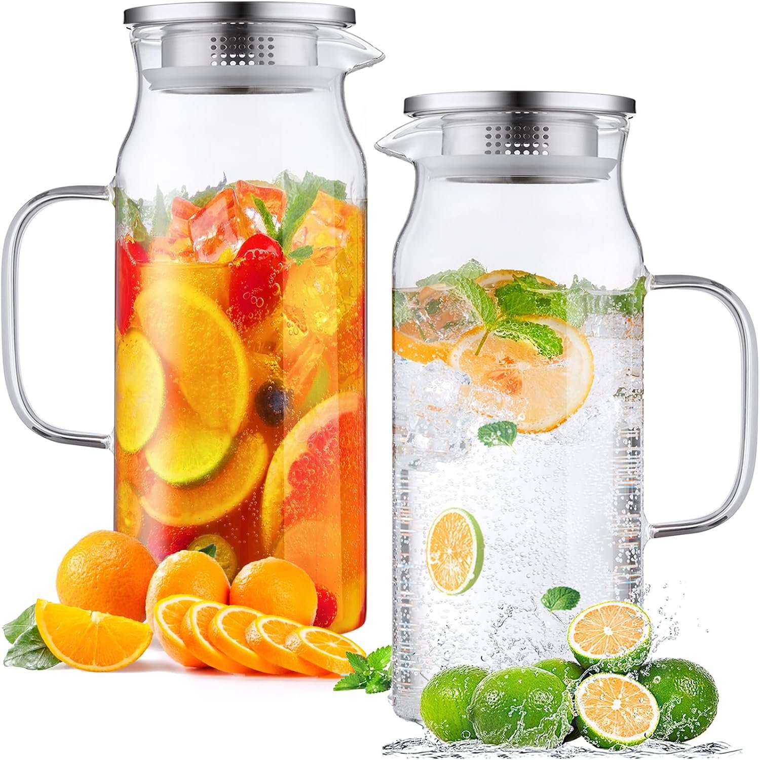 2 Pack 2 Liter 68 oz 2.1 Qt Glass Pitcher with Lid and Handle, Water Pitcher for Fridge, Glass Carafe for Hot/Cold Water, Large Iced Tea Pitcher for Coffee, Juice and Homemade Beverage