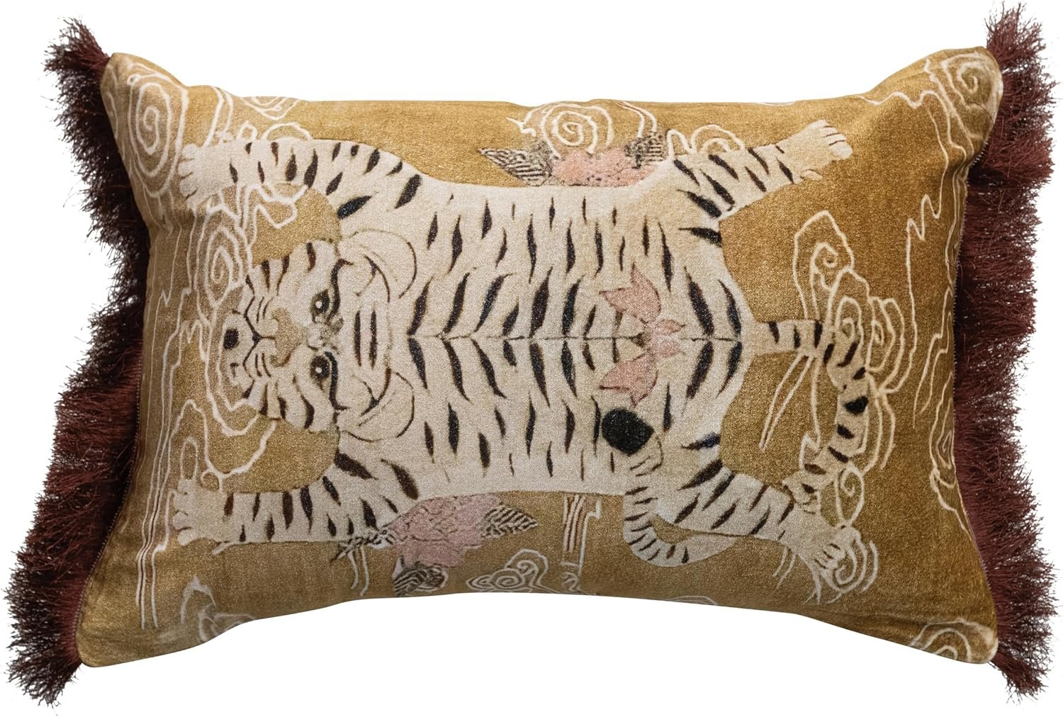 Creative Co-Op Tibetan Tiger Print Fringe Cotton Velvet Lumbar Pillow, Multicolor Finish