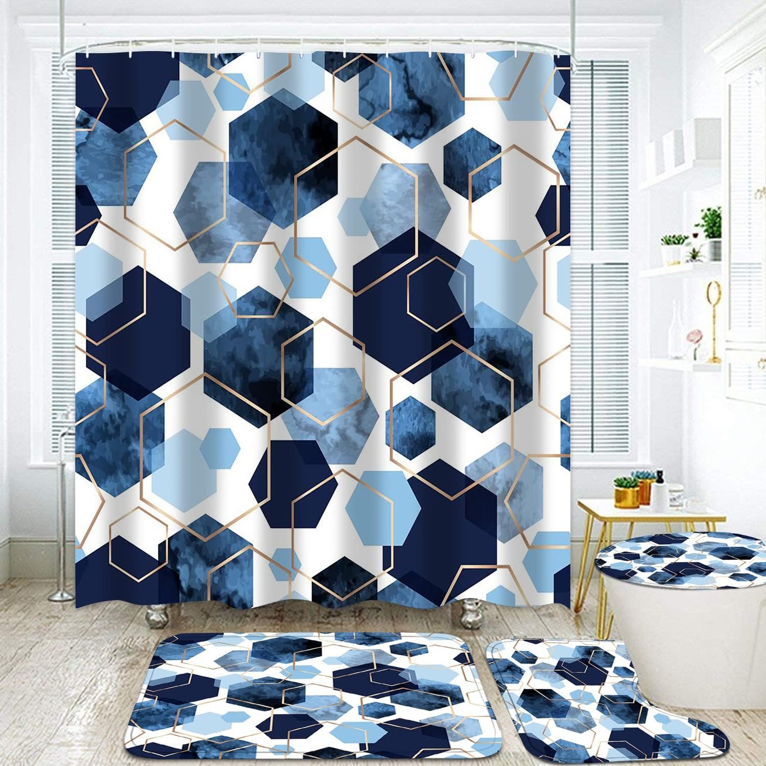 LQCOOL 4Pcs Blue Shower Curtain Set with Rugs Geometric Bathroom Set | Modern Bathroom Decor Shower Curtain for Bathroom with 12 Hooks,Non-Slip Rugs Bath Mat and Toilet Lid Cover