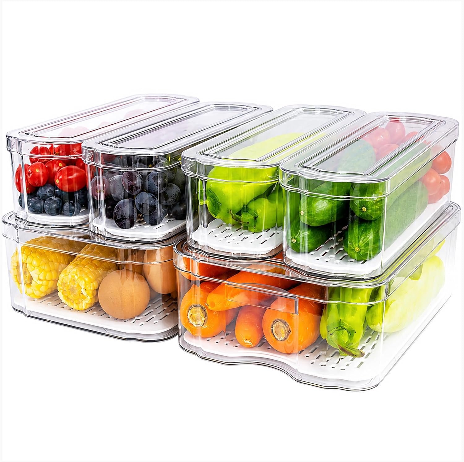 SMRCAD 6 Pack Clear Fridge Organizer Bins with Drain Trays – Stackable | BPA-Free PET, 6 Pack: 6 lidded Bins (Not drawer), Helps Keep Produce Fresh, 14L Capacity, Hand Wash Only