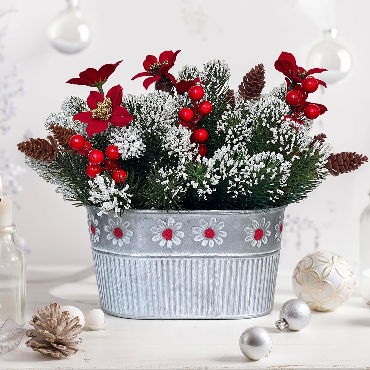 Christmas Centerpiece Table Decorations Artificial Norfolk Pine Branches with Poinsettia Flowers, Pine Cones & Berries in Metal Planter – Xmas Flower Arrangement for Christmas Décor & Dining Table