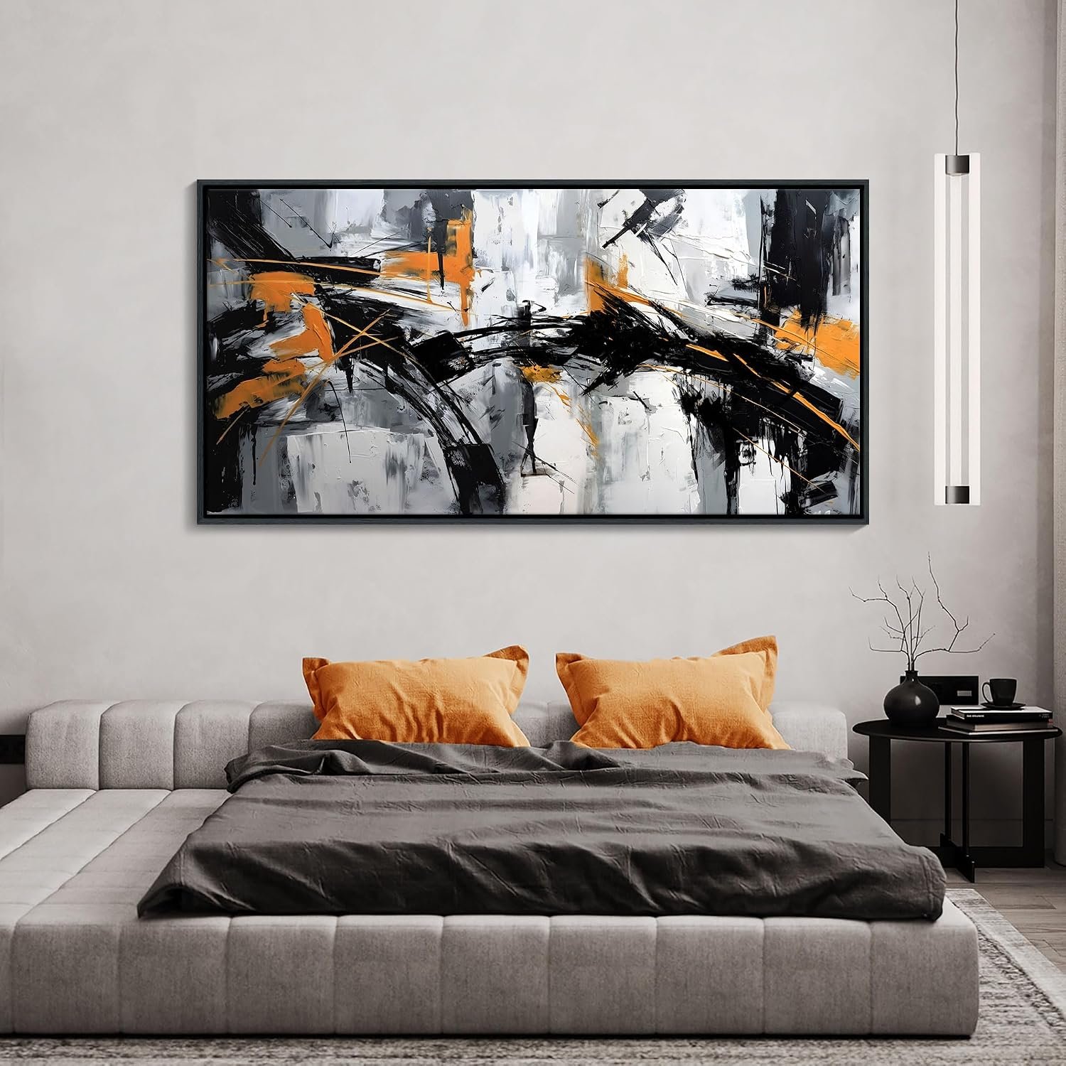 Framed Large Abstract Canvas Wall Art Modern Wall Art for Living Room – Canvas Wall Decor for Office and Home – Framed Artwork for Walls Black, White, Gray and Unique Orange Accents 29×58in