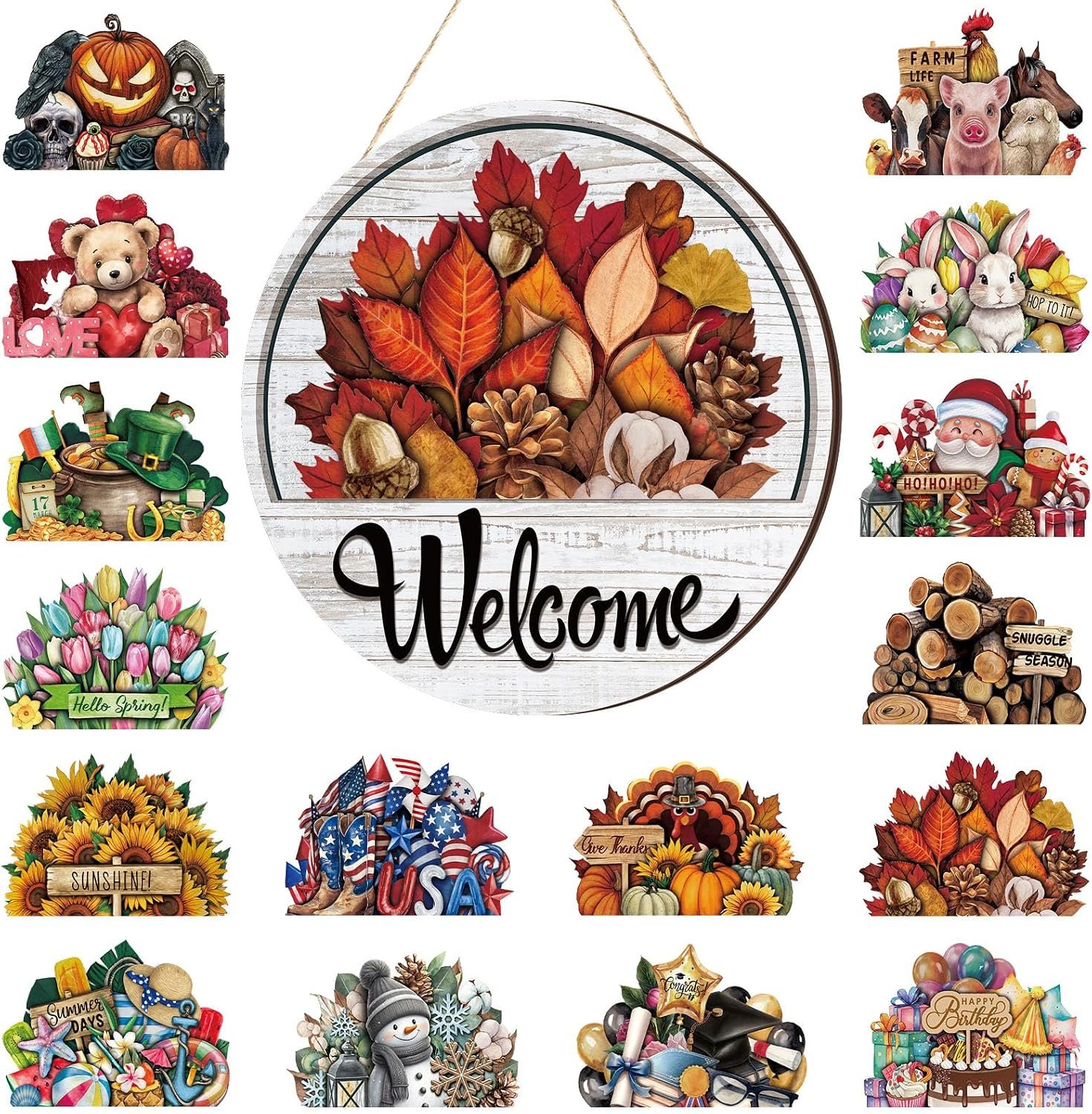 Yousoontic Interchangeable Welcome Sign for Front Door with 16 Seasonal Icons Fall Wood Wreath Decor Rustic Hanging Sign for Autumn Harvest House Warming Gifts(Classic Color,Welcome)
