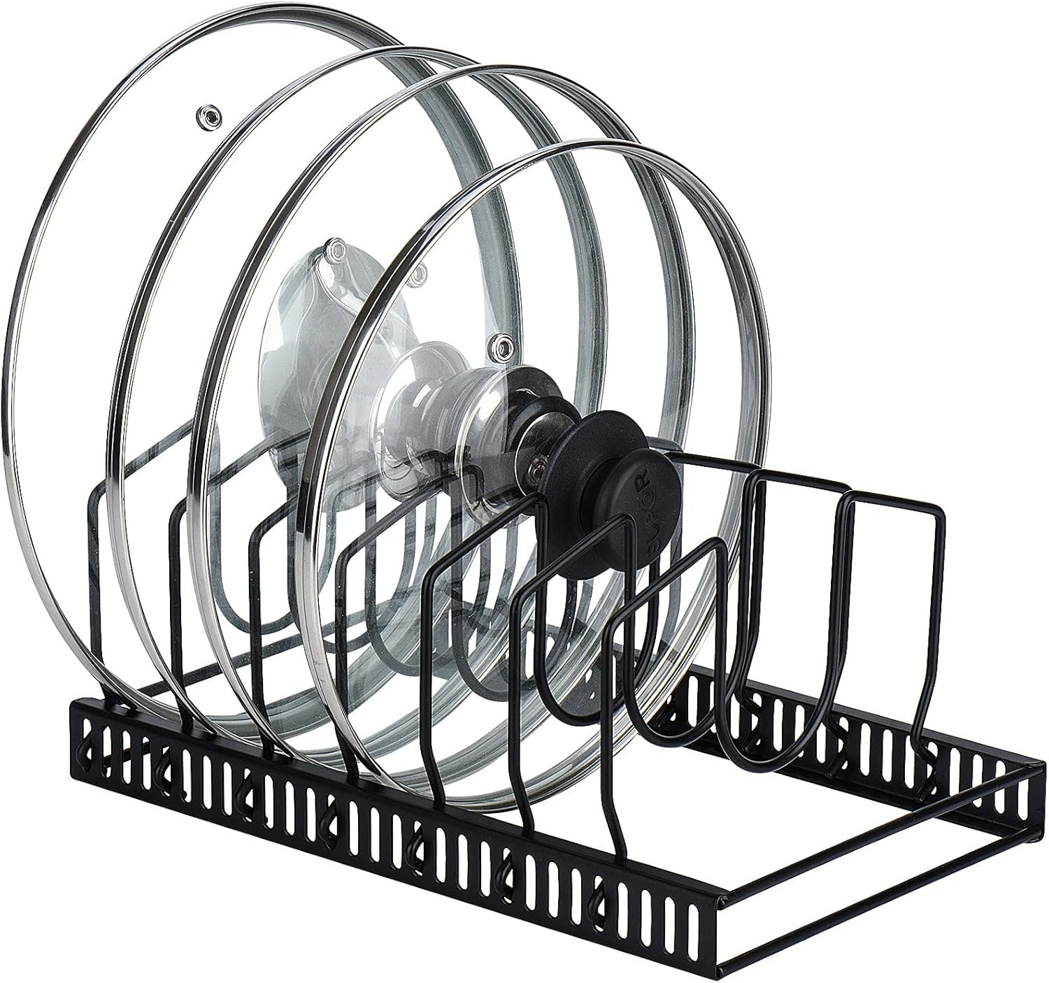 Toplife Pot Lids Organizer Rack for Cabinet and Countertop, 7+ Pan Lids and Bakeware Organizer Rack Holder with 7 Adjustable Compartments – Black
