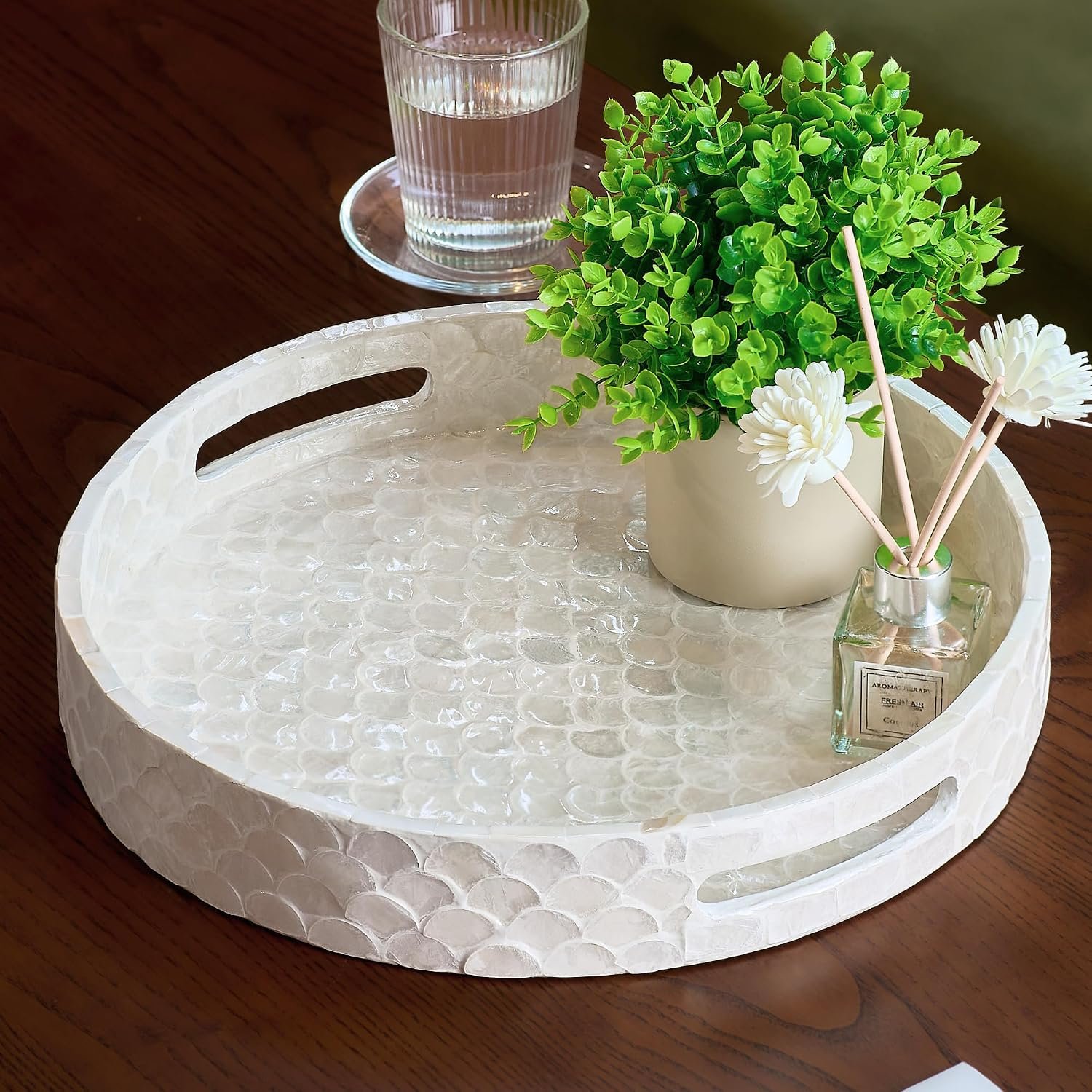 CHI AN HOME 12″ Round Capiz Tray, Decorative Tray for Ottoman, Coffee Table
