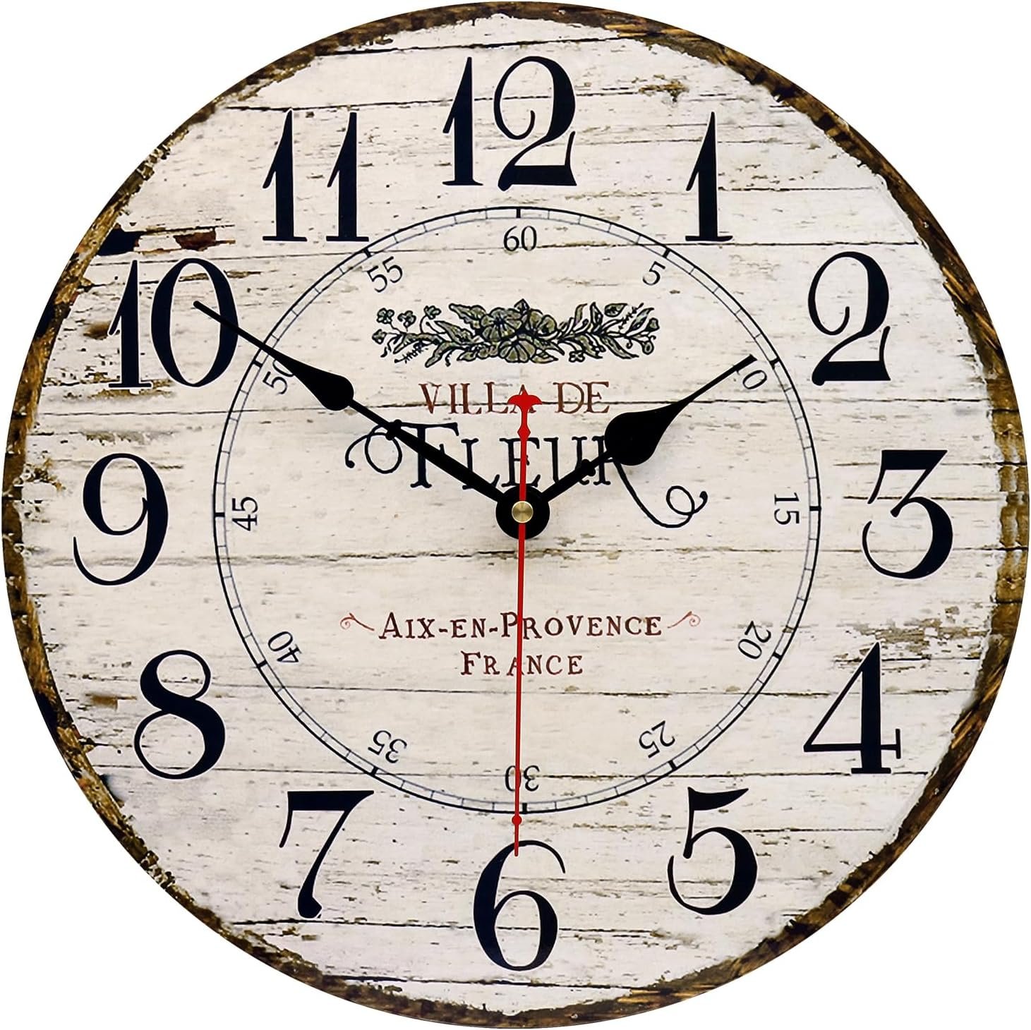 14in French Country Wooden Wall Clock Silent Large Farmhouse Home Decor | Retro Vintage Round Battery Operated Non-Ticking Decorative Clock for Kitchen Bedroom Wall