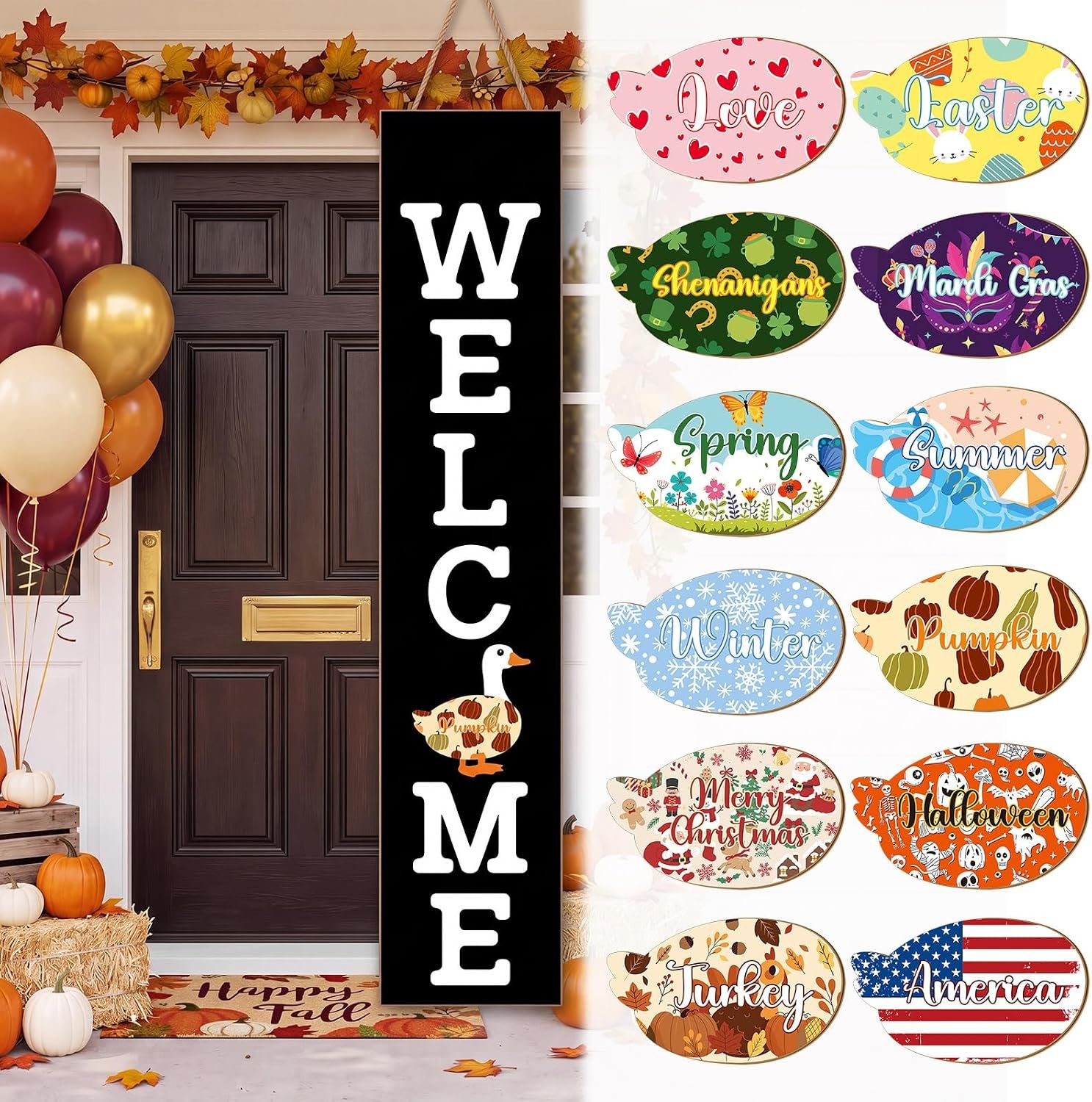 Chumia Interchangeable Goose Welcome Sign, 8.9″x45″ Wooden Seasonal Hello Sign with 12 Replaceable Holiday Icons, Standing Hanging Farmhouse Front Porch Wreath Decor for Fall Halloween All Seasons