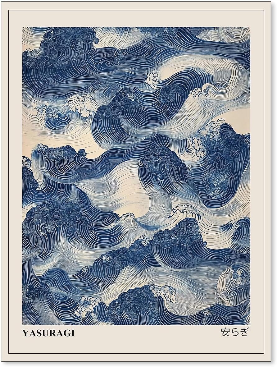 Japanese Blue Waves Wall Art Vintage Oriental Japandi Wabi Sabi Poster Abstract Giant Waves Canvas Prints for Minimalist Living Room Wall Decor 12X16 inch Unframed