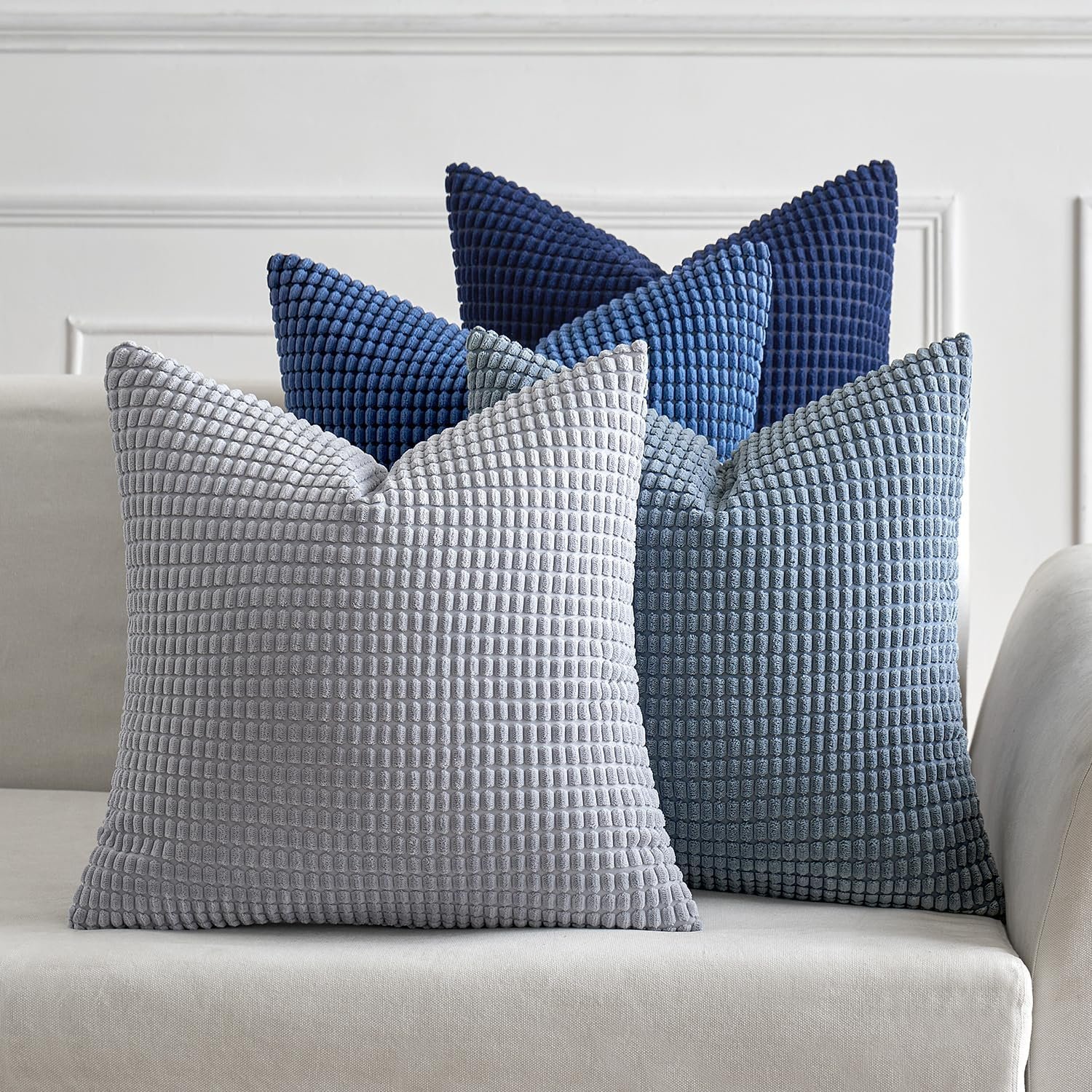 MIULEE Decorative Throw Pillow Covers 18×18 Inch Set of 4 Coastal Blue | Boho Western Farmhouse Home Decor, Throw Pillows, Summer Coastal Industrial Corduroy Pillowcases for Sofa Living Room Bed