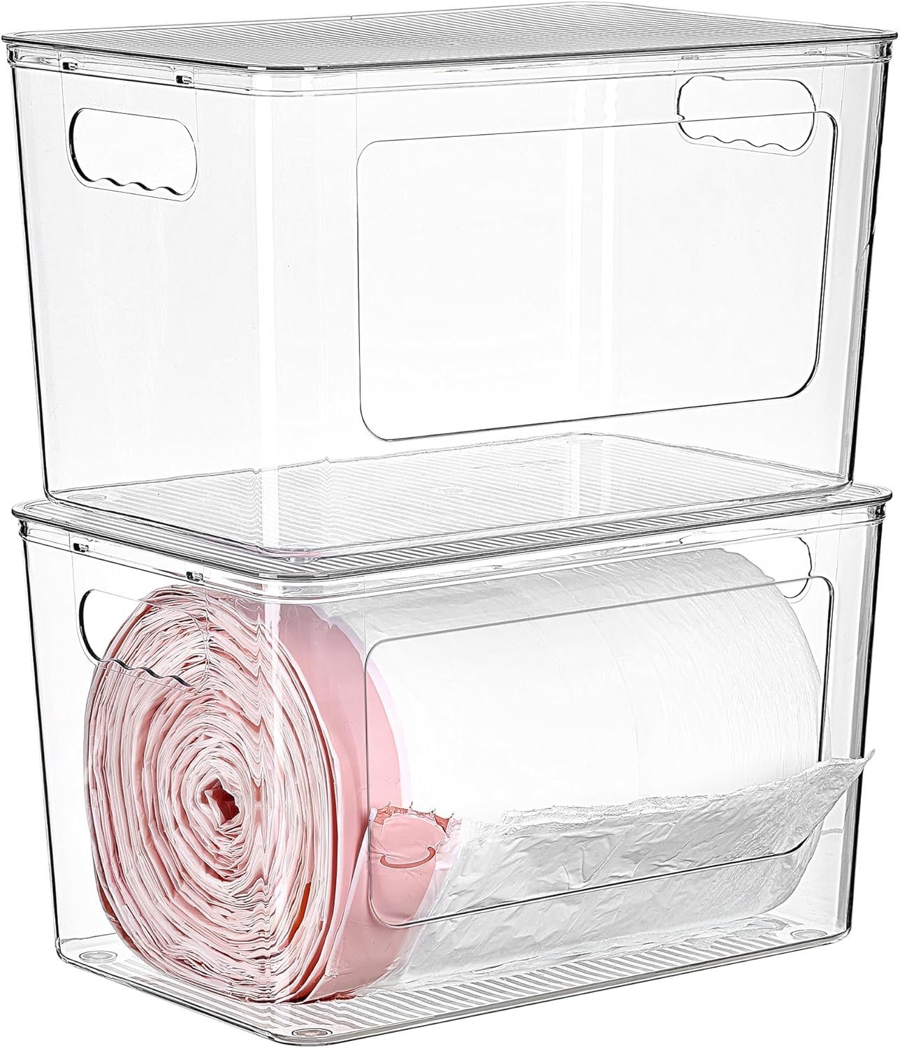 Vtopmart 2 Pack Clear Trash Bag Holder, Stackable Garbage Bag Dispenser | Trash Bag Organizer for 13/30/33 Gallon Bags, Clear Organizer Bins for Under Kitchen Sink, Laundry Room Organization