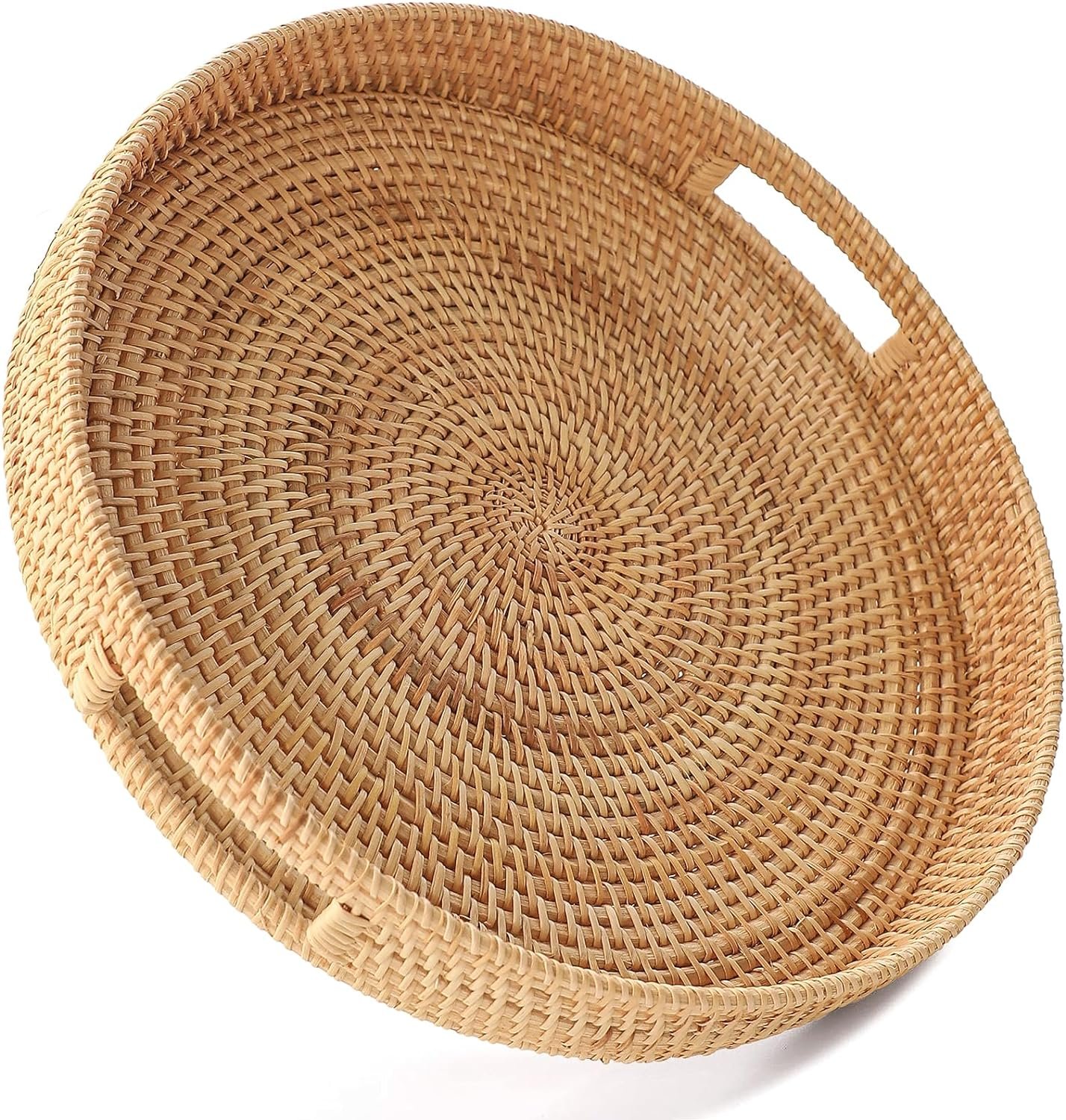 HITOMEN 11.8″ Hand-Woven Round Rattan Serving Tray Decorative Wicker Trays with Handles for Coffee Table (Natural-M)