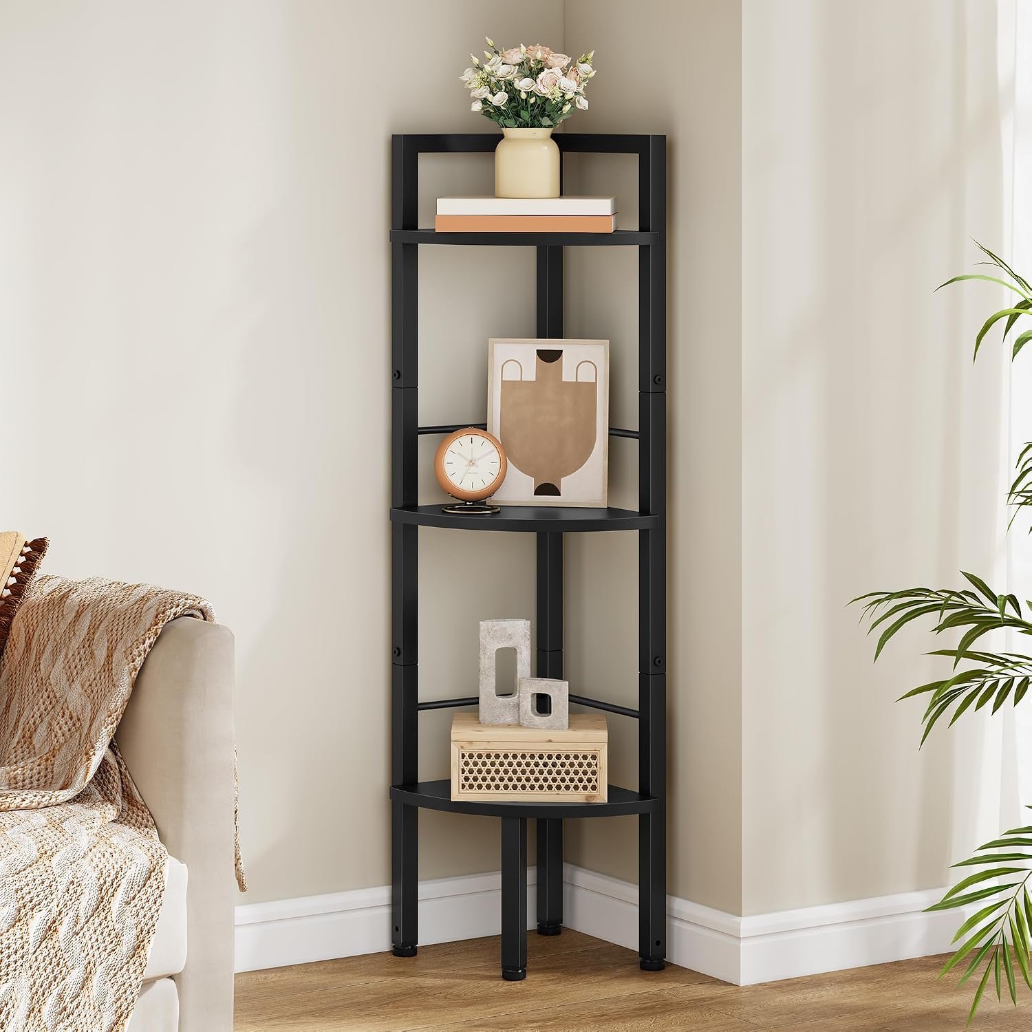 Small Corner Shelf Stand 3 Tier 39.5″ with Metal Frame, Black | Industrial Narrow Corner Shelf, Multipurpose Tall Corner Bookshelf, Small Corner Table Bedroom, Living Room, Office, Kitchen