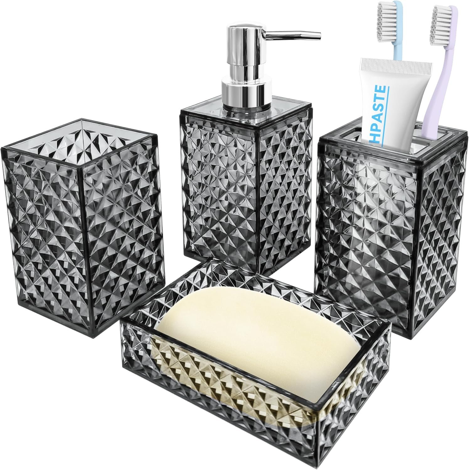 4 PCS Bathroom Accessory Set, Grey Bathroom Accessories Set | Soap Dispenser and Toothbrush Holder Set, Soap Dish and Mouthwash Cup, Boho Bathroom Decor, Plastic Bathroom Sets Accessories