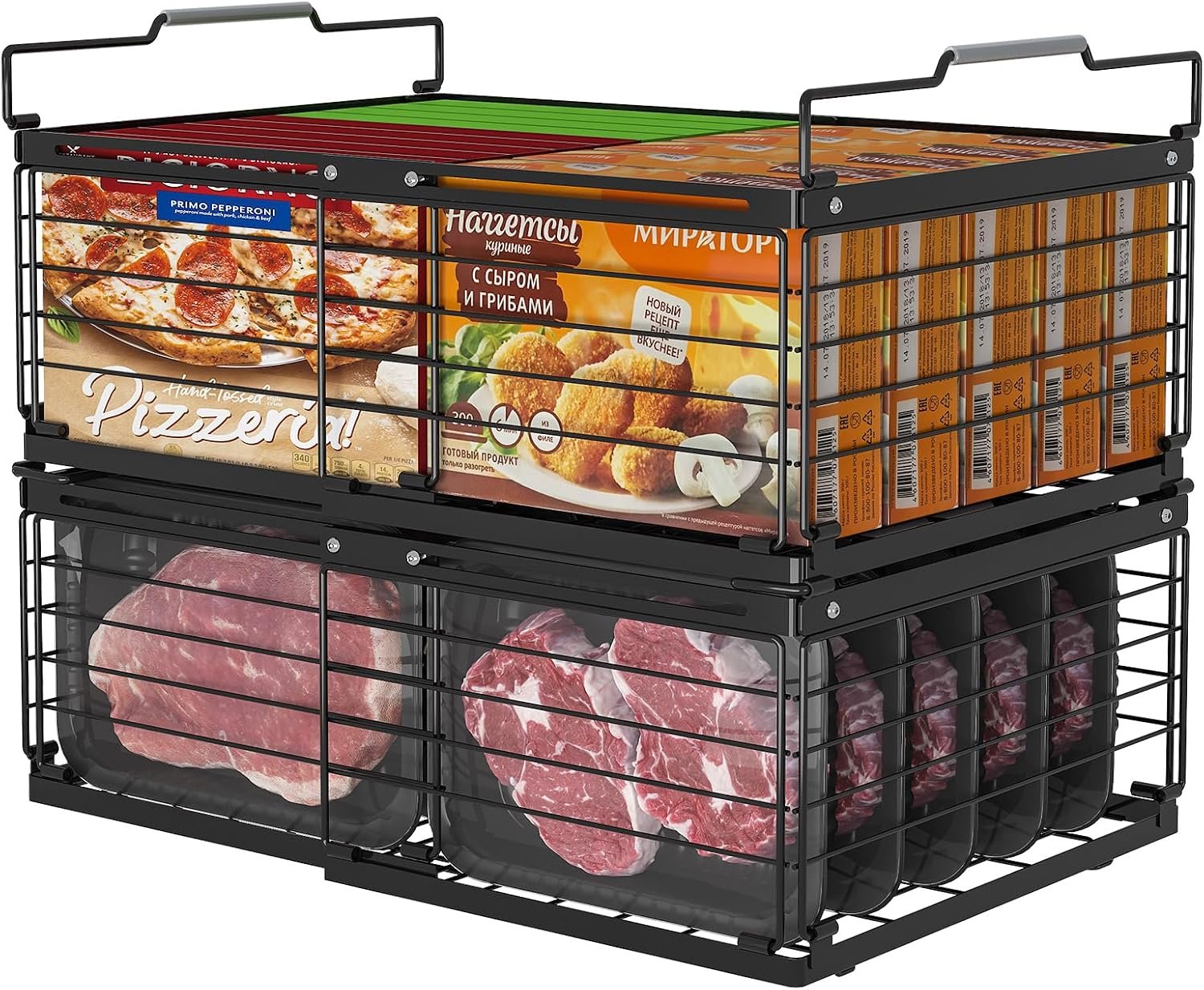 ADRIMER Freezer Organizer Bins, 2 Packs Foldable & Stackable Chest Freezer Organizer Bins with Adjustable Length 11-17.3″, Metal Wire Storage Baskets for Upright Freezer, Deep Freezer, Pantry, Black