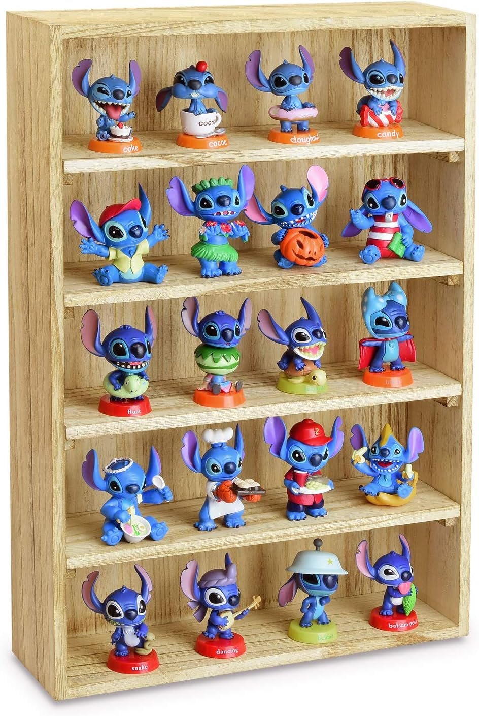 Ikee Design Wooden Wall-Mounted Display Shelves Rack for Collectibles-Figures,Shot Glasses, Spice Can,Cosmetics or Perfume-5 Adjustable Height Shelves,Space-Saving,Oak Color | Wall-mountable wood display rack with 5 adjustable shelves for figurines, action figures and collectibles.