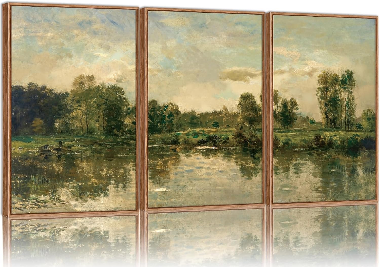 Tinonedraw Vintage Nature Framed Canvas Wall Art Set of 3, French Country Wall Decor, Olive Green Trees Art Paintings, Rustic Landscape Farmhouse Art Prints for Living Room Bedroom Office 24″x36″x3
