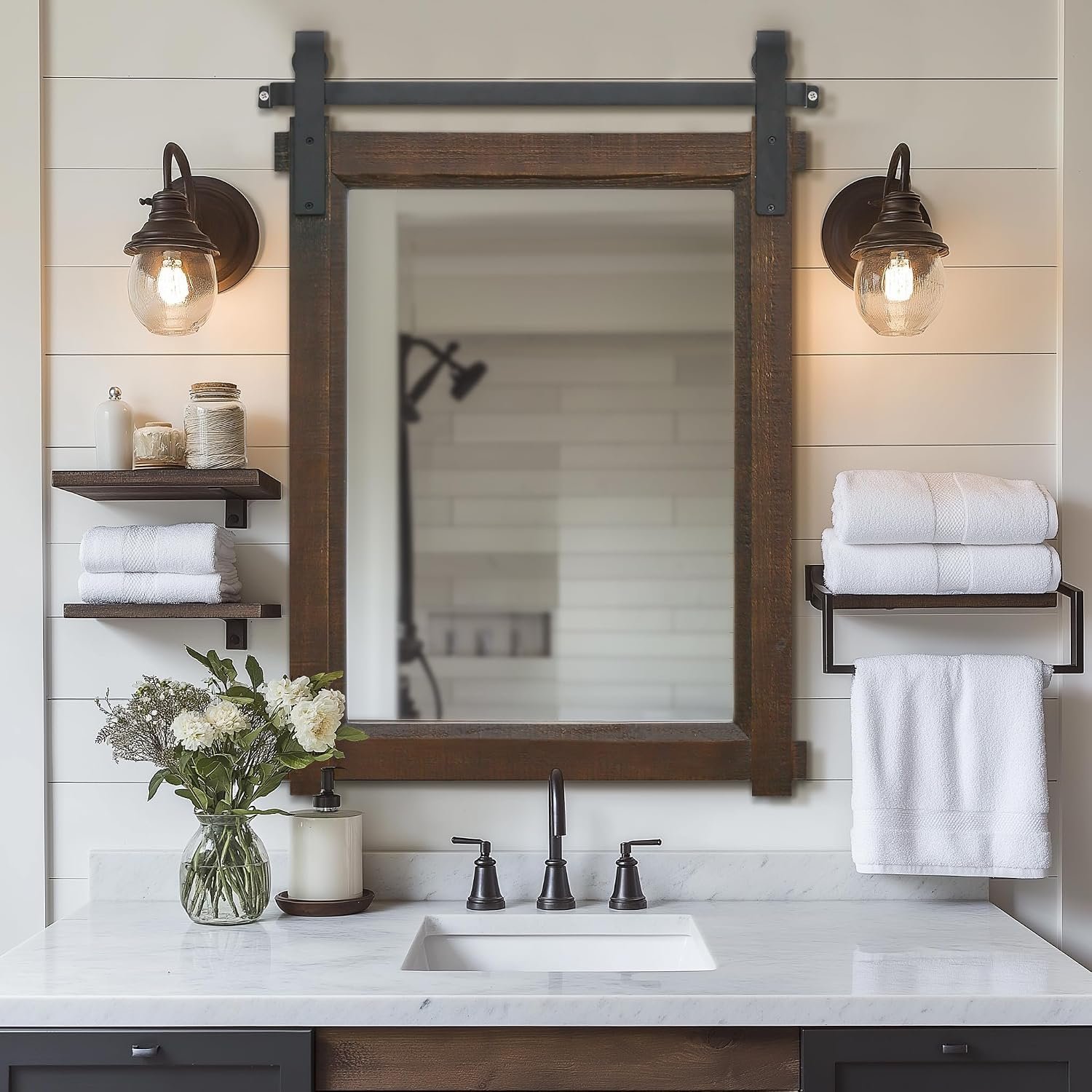Besdomus Rustic Bathroom Vanity Mirror: 22″x30″ Brown Farmhouse Barn Door | No Assembly Required Soild Wood Frame – Decorative Mirror for Entryway/Bedroom/Over Sink – Ideal for Bathroom Renovations