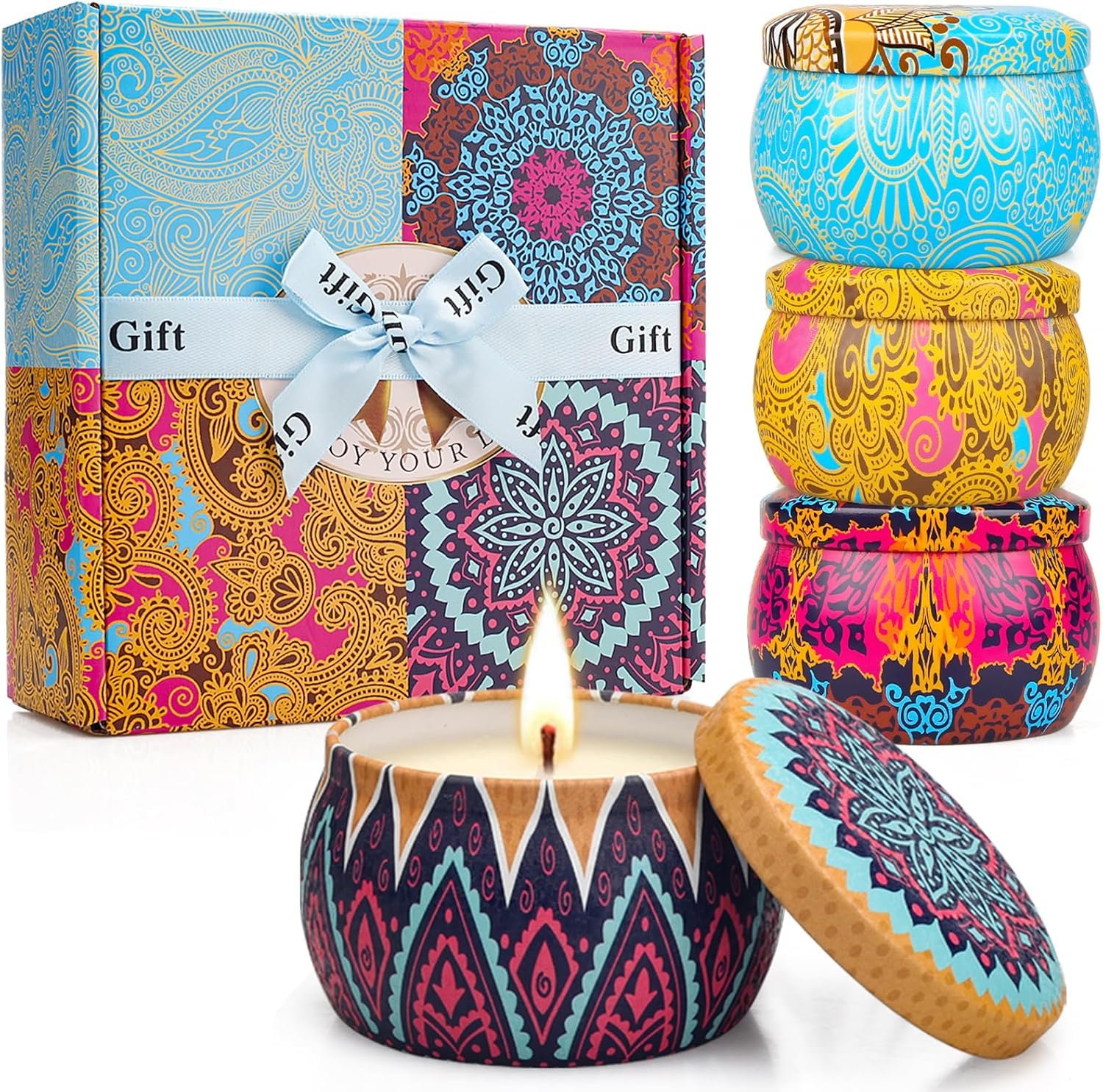 Scented Candles Gift Set for Women, 4 Pack | 120-Hr, Hand-Painted, 100% Natural Soy Wax, Fig/Lemon/Spring/Lavender, Home Décor, Gift-Ready, Clean Burn, Gifts for Women