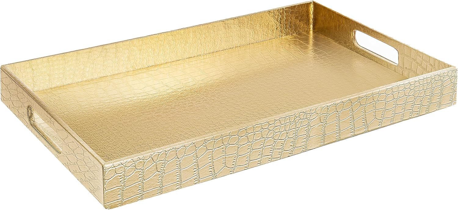 Home Redefined 17.5″x12″ Gold Glossy Crocodile Faux Leather Serving Tray Beautiful Modern Elegant Decorative Tray with Handles Ottoman Coffee Table Tray for All Occasion’s