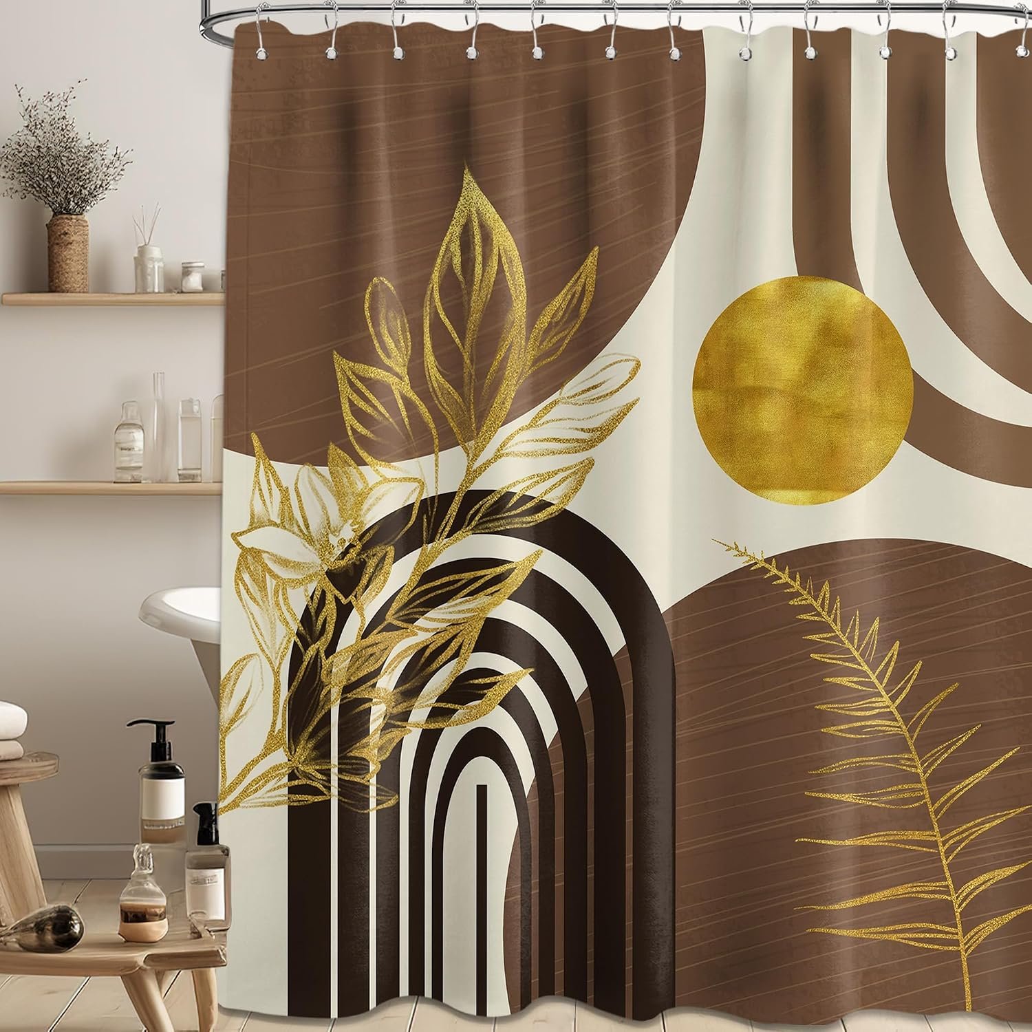 Brown and Gold Shower Curtain, 72×72 in, Mid Century Modern Tan | Beige Theme, Boho Pattern Design, Cream Abstract Geometric MCM Bathroom Decor, Waterproof Polyester Fabric, with Hooks