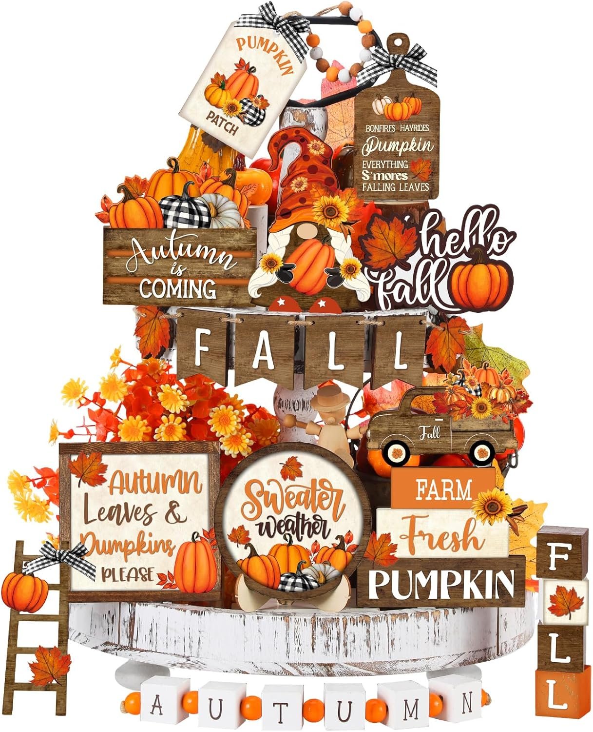 Maitys 21 Pcs Fall Tiered Tray Decor Set Vintage Thanksgiving Hello Fall Wooden Signs Pumpkin Gnome Truck Wood Bead Garland Rustic Farmhouse Tabletop Centerpieces for Autumn Harvest Kitchen Home Decor