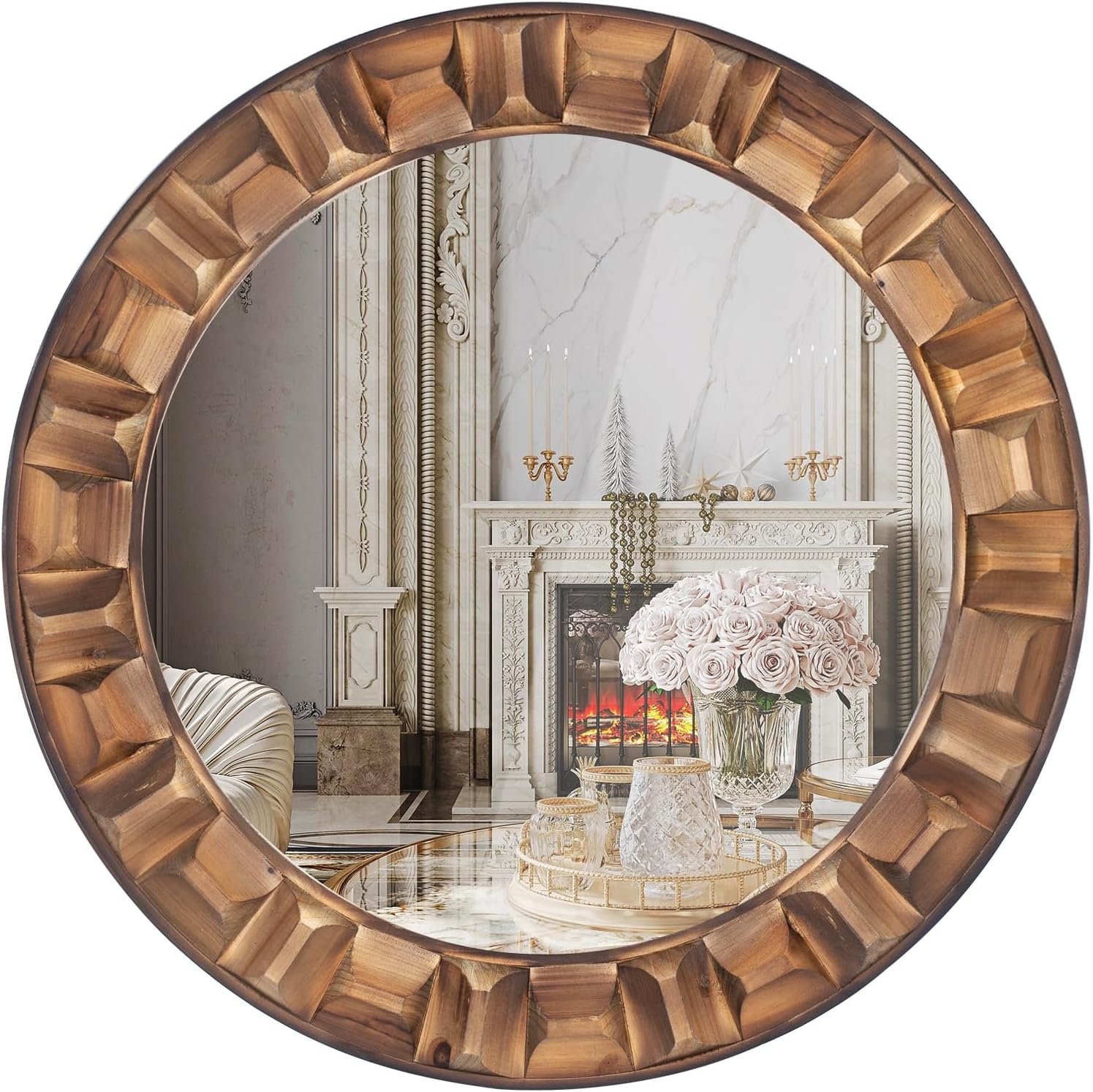 30 Inch Dark Solid Wood Round Wall Mirror | Brown Wooden Decorative Circle Mirror for Bathroom, Bedroom, Living Room, Entryway, Hallway, or Foyer