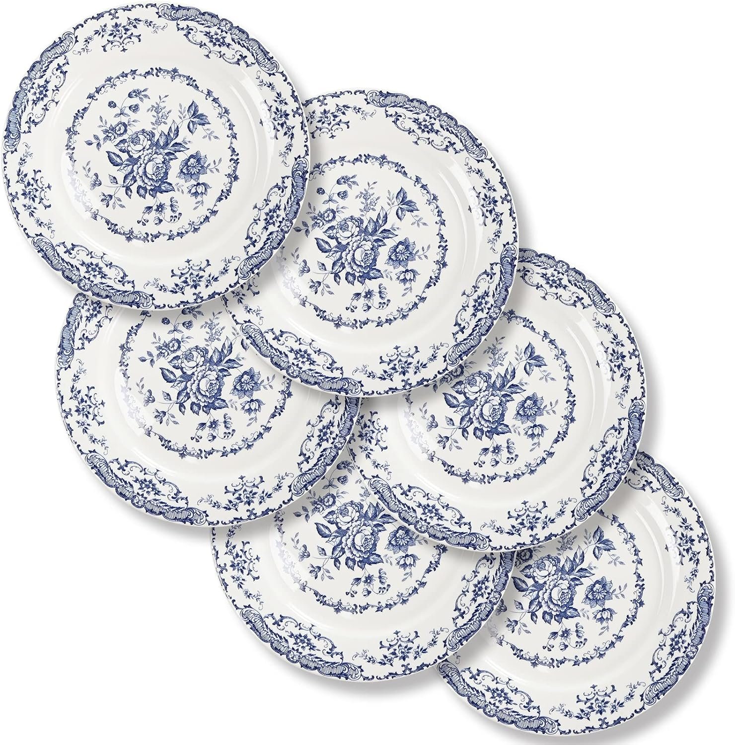 Dinner Plates, Ceramic Plates Set of 6, Kitchen Plates Microwave Safe, White Plate Dessert Blue Floral Plate Porcelain (Blue Rose, 10.5 inch) | Ceramic, White Porcelain Plate, Kitchen Plates Microwave Safe, Ideal for Salad, Pasta & Dessert