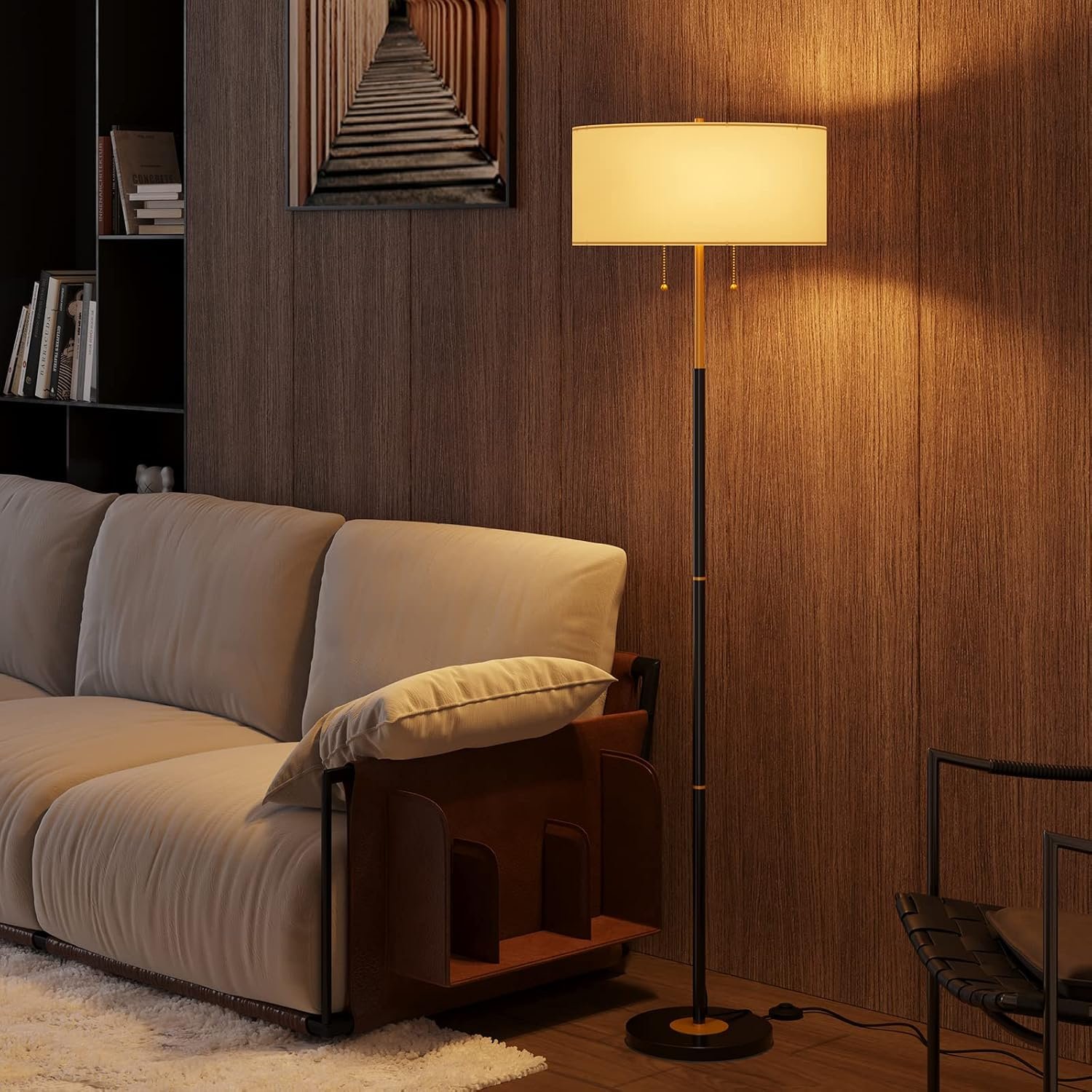 2-Light 3 Color Temperature Mid Century Floor Lamp for Living Room | 61″ Black&Gold Tall Standing Lamp for Bedroom and Office with White Fabric Lampshade, 3000K/4500K/6500K 9W Bulb Included
