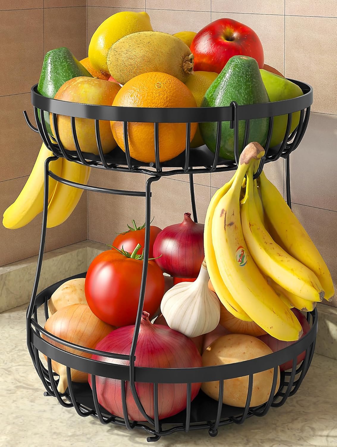 2 Tier Large Fruit Bowl for Kitchen Counter with 2 Banana Hangers | Sturdy Metal Basket for Fruit, Bread & Onions, Modern Wire Fits Various Styles, Includes Food-Safe Mats to Keep Produce Fresh