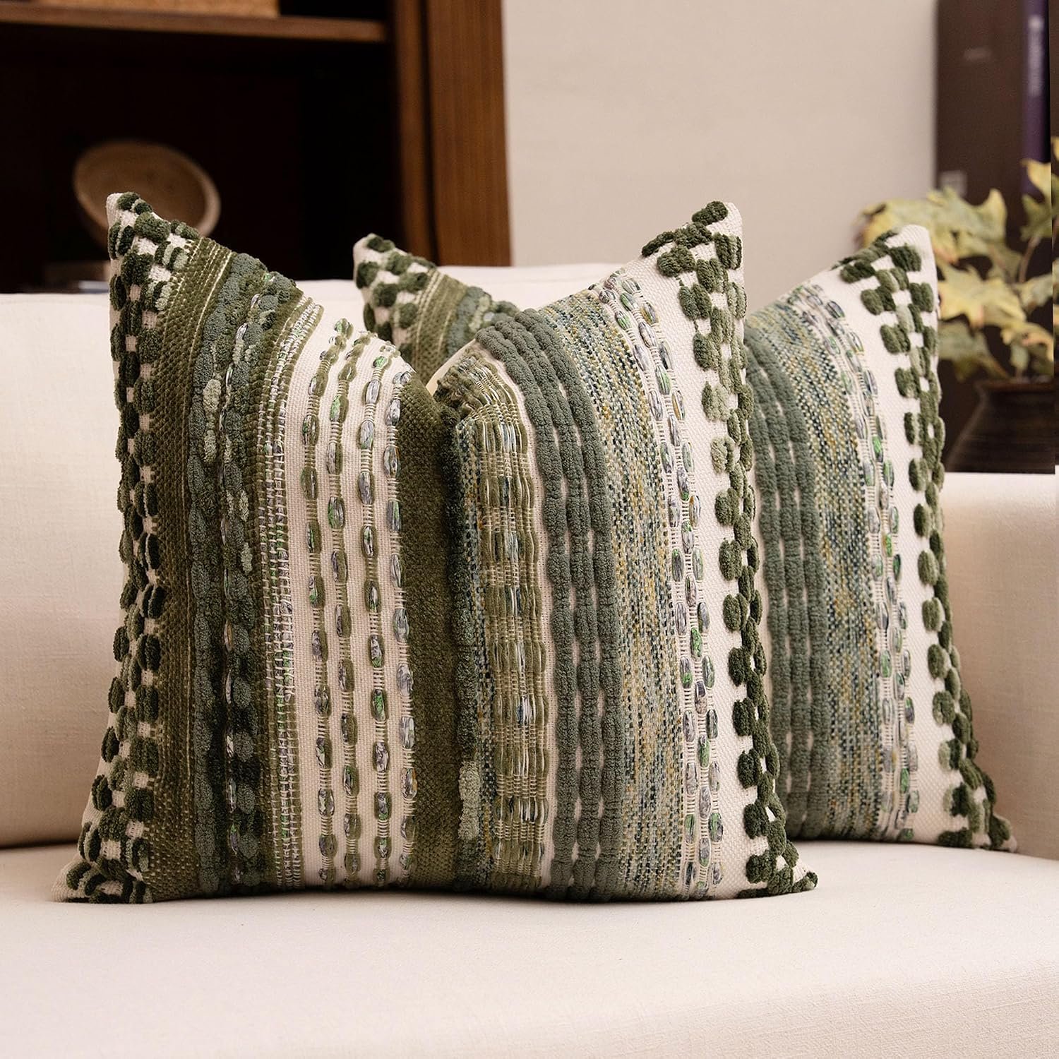 Boho Chenille Tufted Throw Pillow Covers 18×18 Inch Set of 2 Farmhouse Green Woven Striped Decorative Pillowcases for Couch Sofa Bed
