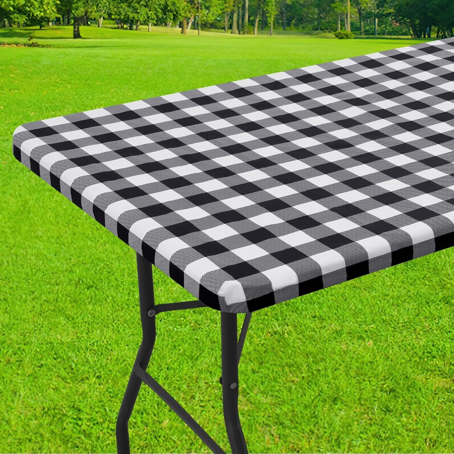 Smiry 6 Foot Picnic Table Cloth, Flannel Backed Fitted Vinyl tablecloths | Waterproof Elastic Rectangle Tablecloth ,Buffalo Plaid Table Covers for Dining, Camping, Outdoor (Black and White, 30″ x 72″)