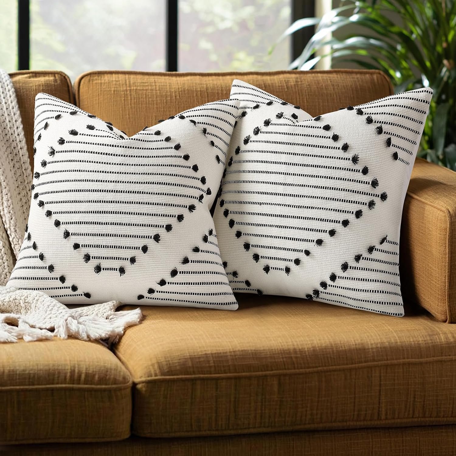 Mecatny Boho Outdoor Throw Pillow Covers 18×18 Set of 2 Black & Cream White | Textured Stripe Design, Hidden Zipper, Farmhouse Accent Pillow Covers for Sofa Couch Patio Living Room, Neutral Home Décor