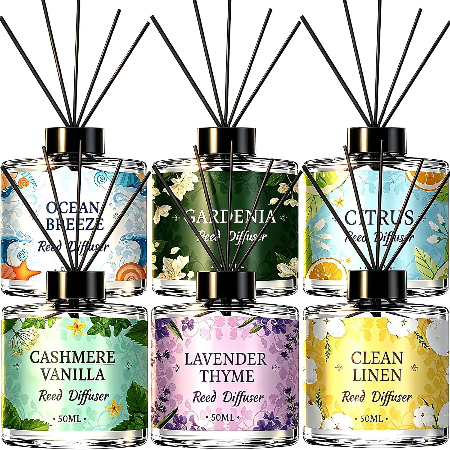 6 Pack Reed Diffuser Set, Reed Diffusers for Home with 30 Sticks | Long Lasting Essential OilScent, Gift Ready Fragrance Diffuser for Bedroom, Bathroom, Office, Home Decor (1.69oz Each)