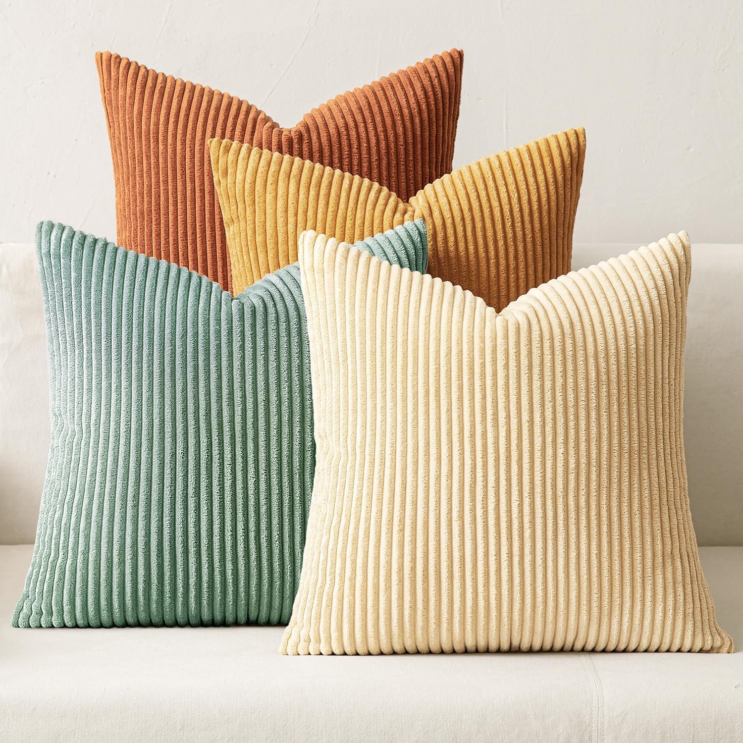 MIULEE Soft Corduroy Decorative Throw Pillow Covers Orange Teal 18×18 | Set of 4, Mordern Rustic Home Decor, Retro Vintage Set, Boho Farmhouse Cushion Covers for Couch Bed Sofa Living Room