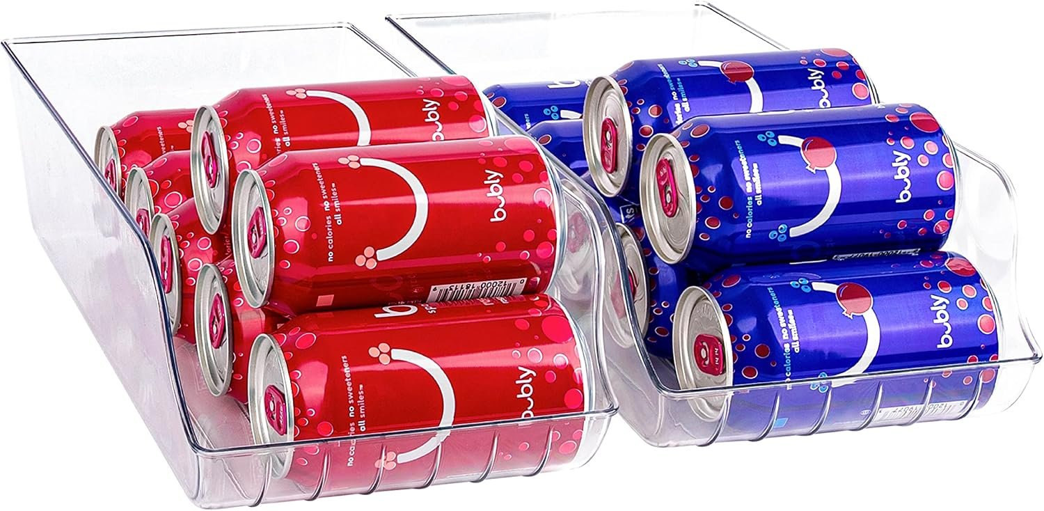 Oizeir Soda Can Organizer – Clear Plastic Storage Dispenser Bin for Refrigerator. Great Drink Holder for Kitchen Cabinets, Countertops, Pantry, Freezer and Fridge. (2-Pack)