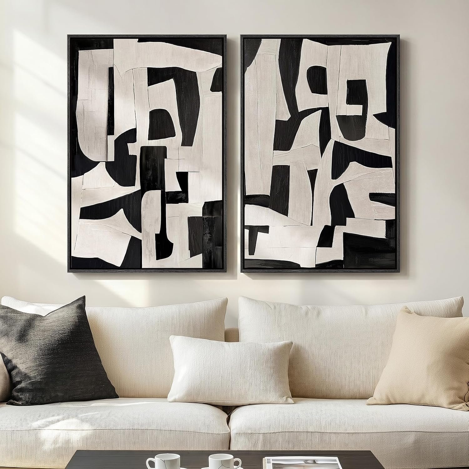 Large Framed Black and White Abstract Wall Art for Living Room, 24×36 In | 2 Piece, Canvas Prints, Black and Beige Pictures, Modern Minimalist Paintings, Geometric, Bedroom Hallway Entryway Wall Decor