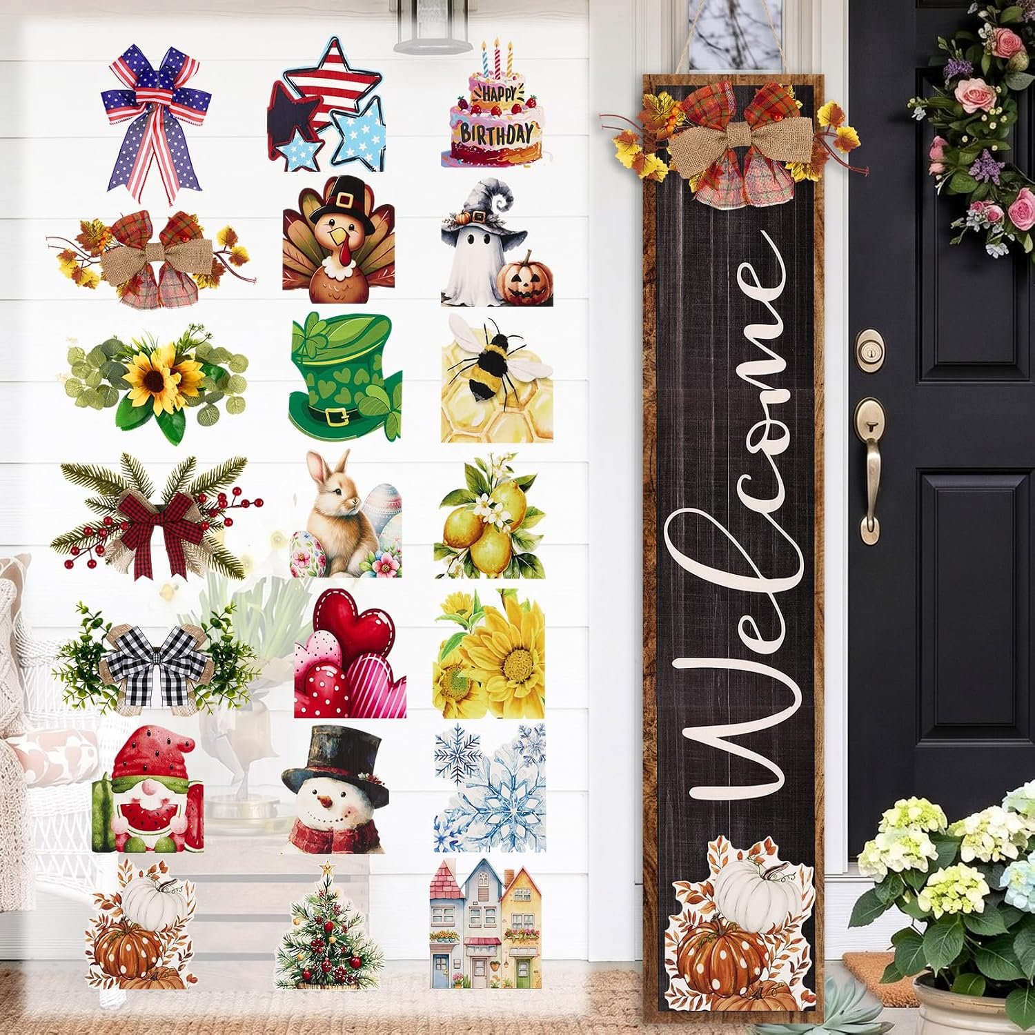 Novabright Interchangeable Welcome Sign for Front Porch Standing, 45.3″ x 8.7″ Summer Wood Leaner Sign with 5 Seasonal Wreaths & 16 Changeable Icons, Farmhouse Outdoor Decor for Holiday(Black)