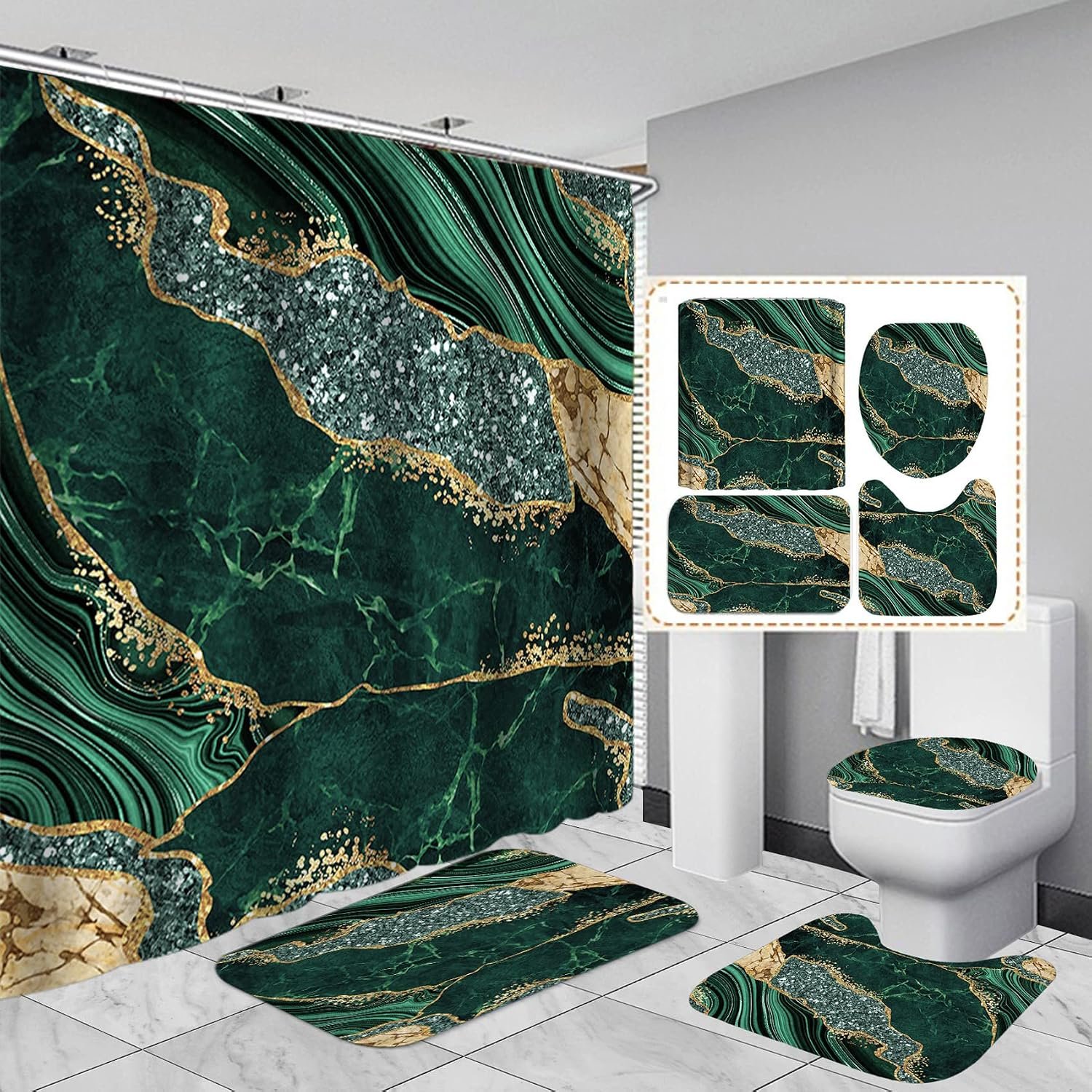 4 Pcs Green Marble Shower Curtain Sets, 72 x 72 Inch | Modern Bathroom Sets With Toilet Lid Rug, Contour and Bath Mat, Luxury Bathroom Decor with 12 Hooks