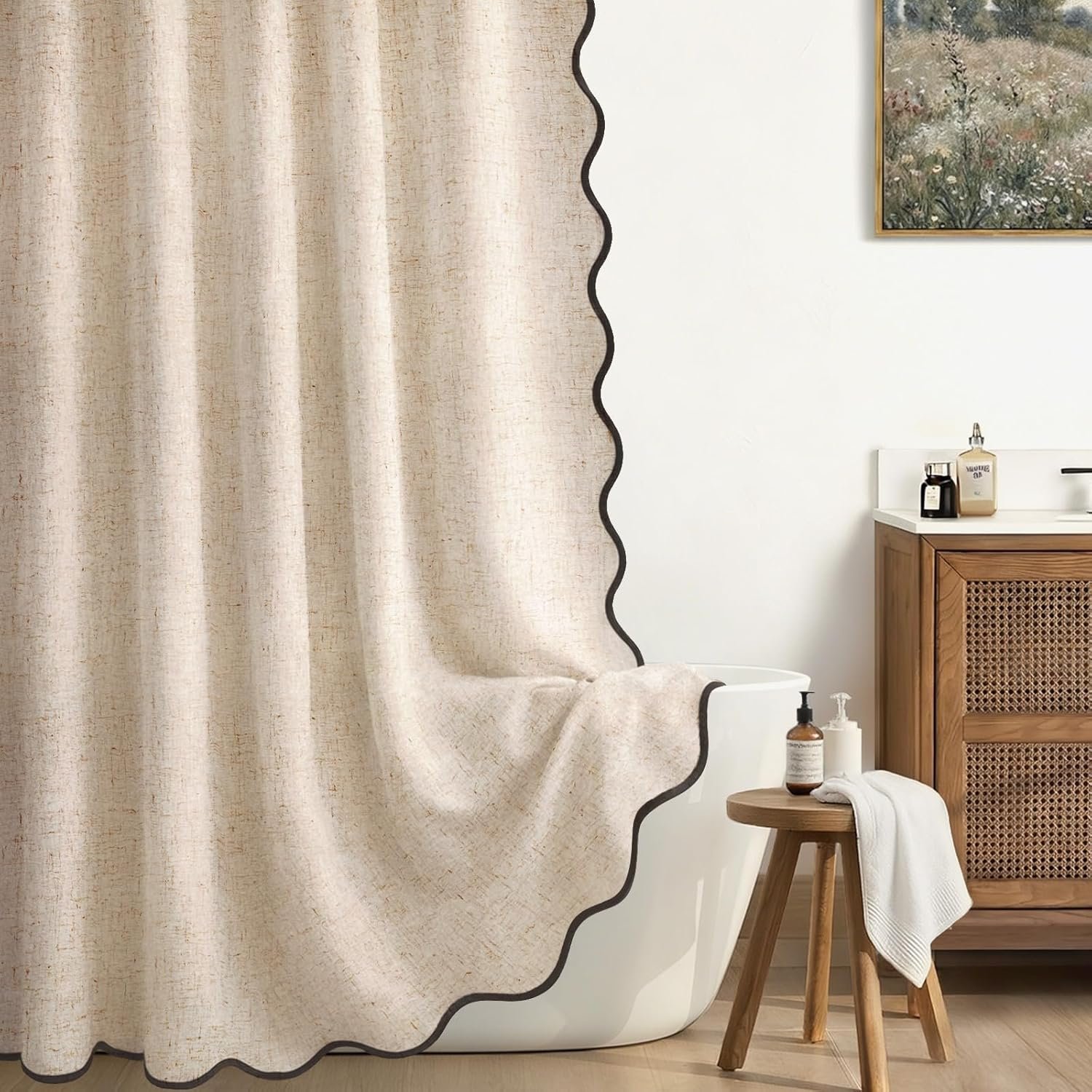 Linen Shower Curtain Beige Cute Black Scalloped Boho Modern Shower Curtains for Bathroom Set, 72″ W x 72″ L