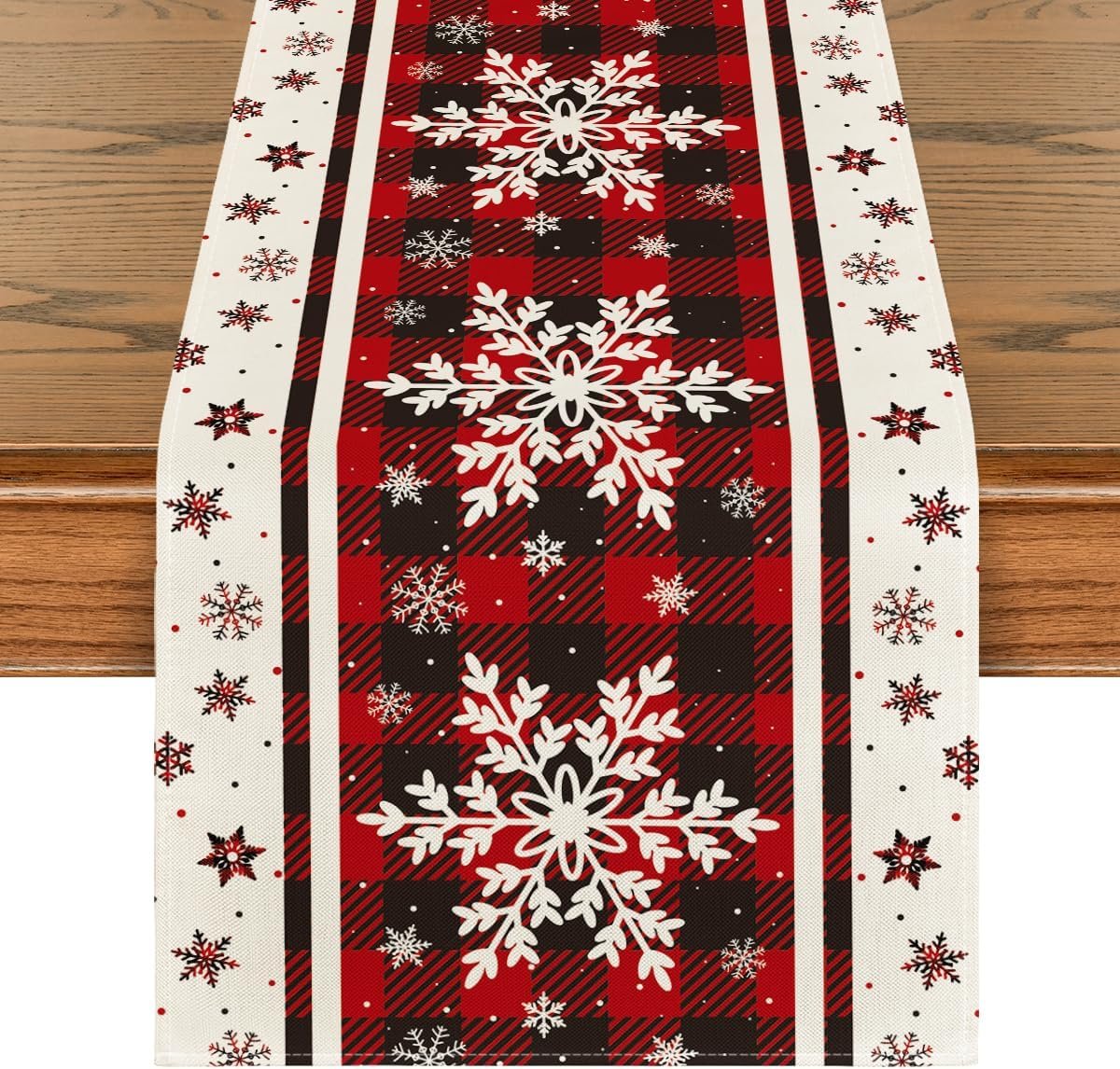 Artoid Mode Buffalo Plaid Snowflakes Christmas Table Runner, Seasonal Winter Kitchen Dining Table Decoration for Home Party Decor 13×72 Inch