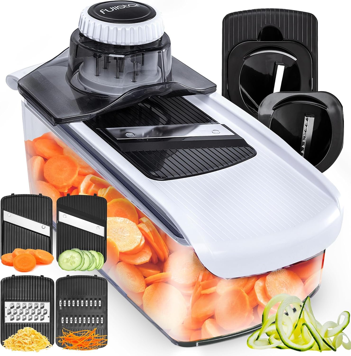 Fullstar Pro Mandoline Vegetable Slicer, Grater & Spiralizer with Container | 6 in 1 Fruit Cutter, Cheese Grater & Spiralizer with Safety Gloves, Stainless Steel Blades & Container (White)