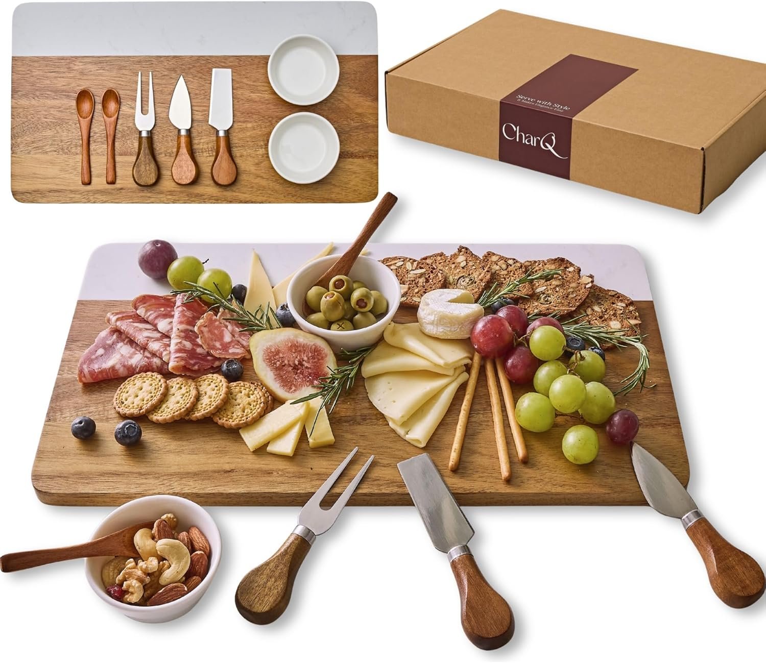 Charcuterie Board Gift Set – Marble & Acacia Wood Board | A Thoughtful Gift for Weddings, Housewarmings, Bridal Showers, Birthdays, and Other Special Occasions