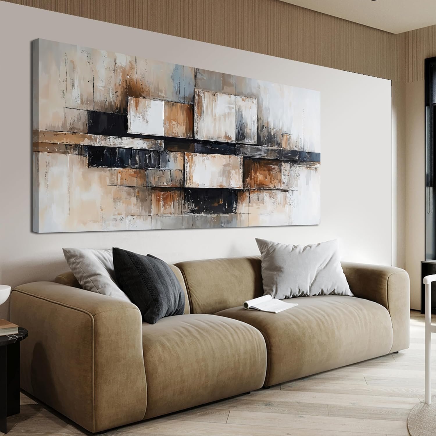 Abstract Geometric Canvas Wall Art For Living Room Art Wall Decor Modern Abstract Geometric Beige And Black Wall Art Decorations Canvas Wall Art Prints For Bedroom And Office Wall Decor 20 X 40 Inch