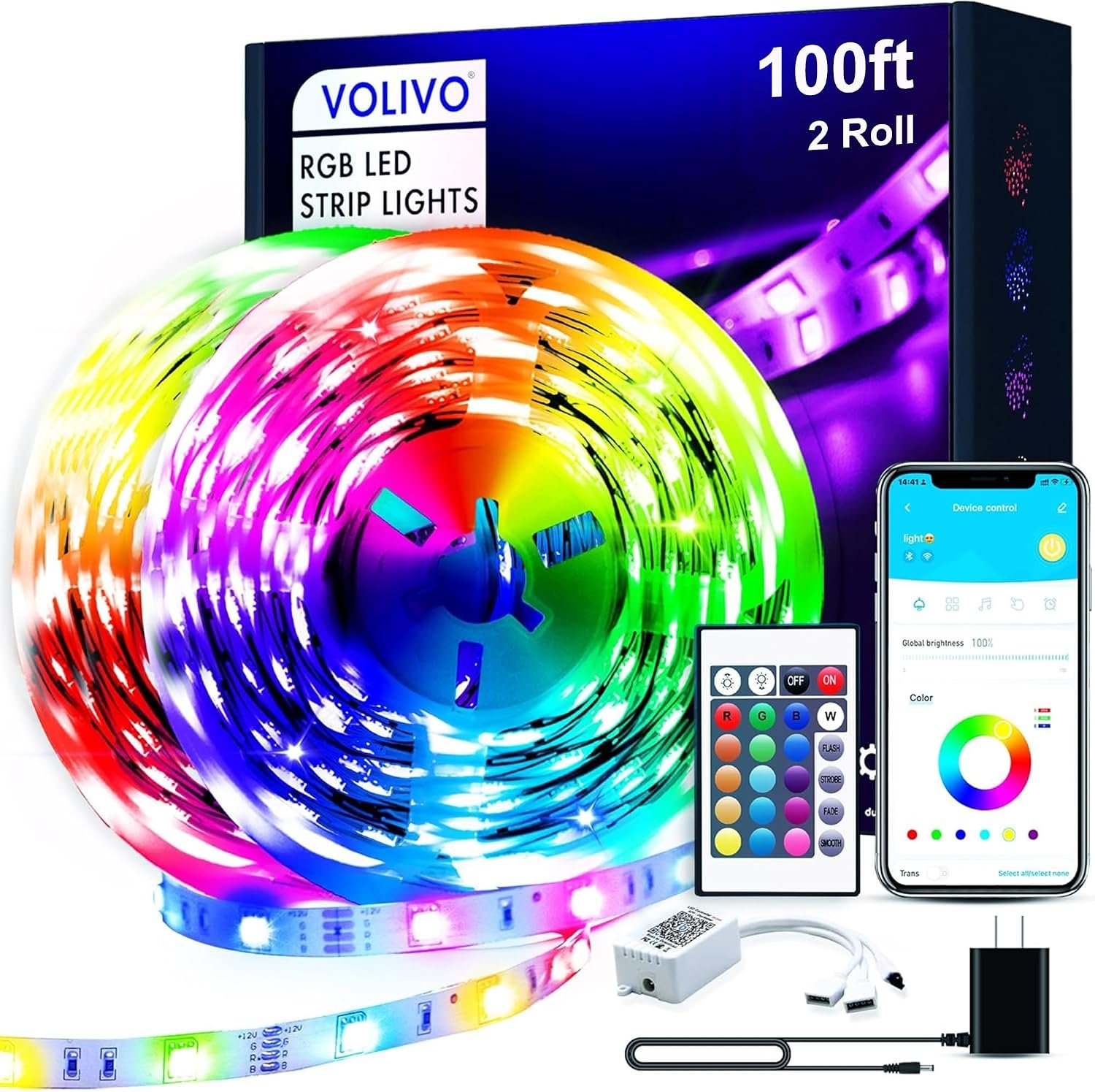 VOLIVO 100FT LED Strip Lights for Bedroom RGB Color Changing | Bluetooth App Control, IR Remote Control, Music Sync, Room Home Decor